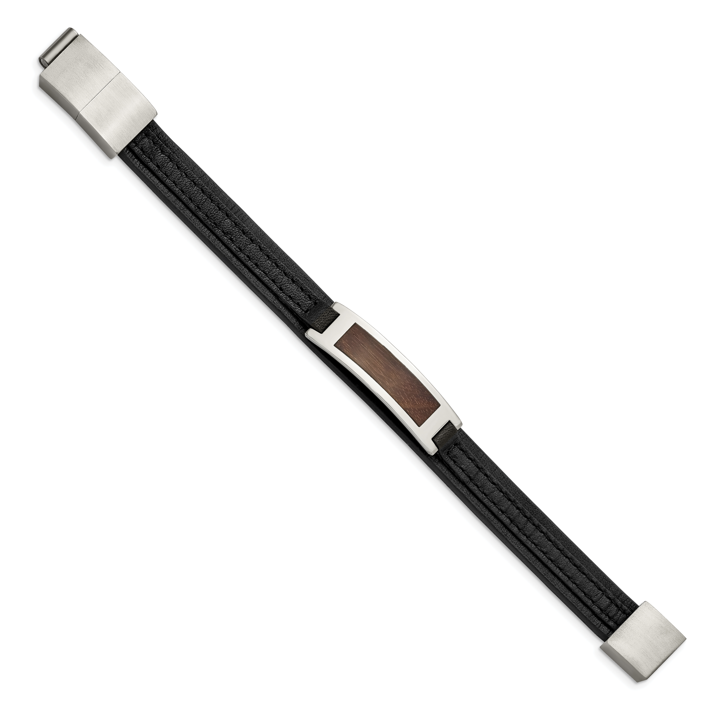 Stainless Steel Polished with Wood Inlay Black Leather w/.5in ext Bracelet Secondary image