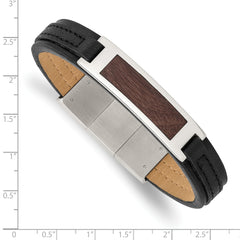 Stainless Steel Polished with Wood Inlay Black Leather w/.5in ext Bracelet
