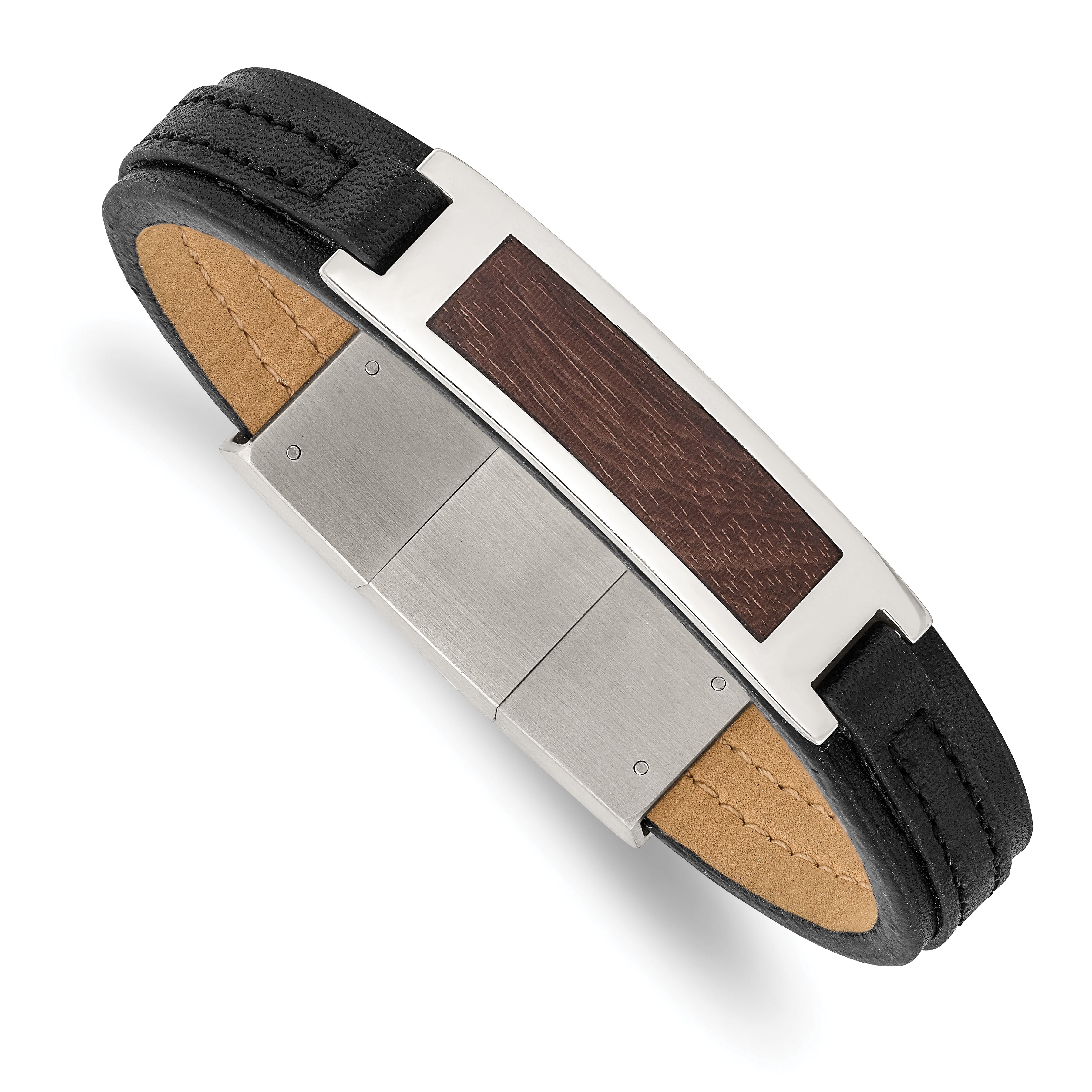 Stainless Steel Polished with Wood Inlay Black Leather w/.5in ext Bracelet