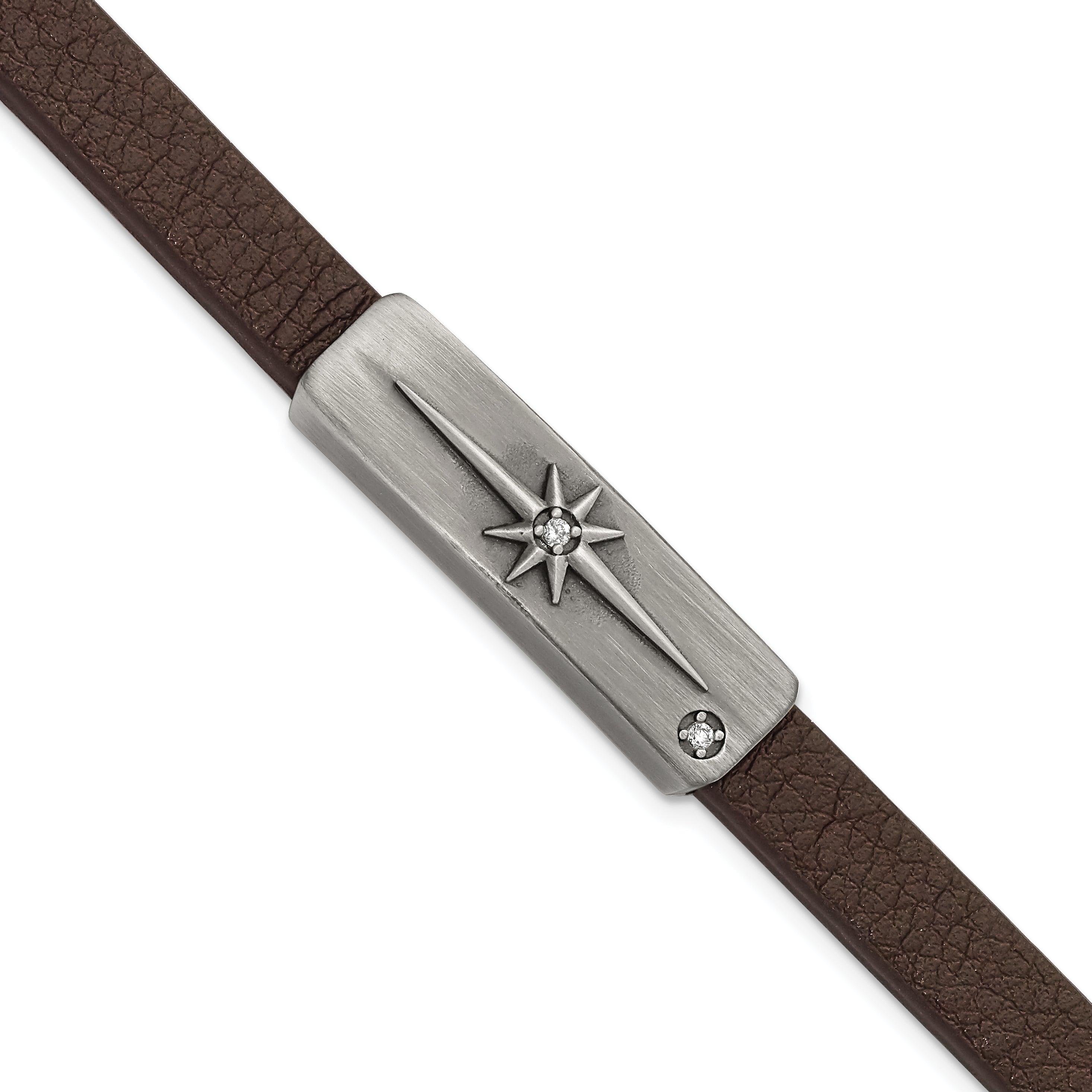 Chisel Stainless Steel Antiqued Bronze-plated with CZ Starburst Brown Leather 8 inch Bracelet