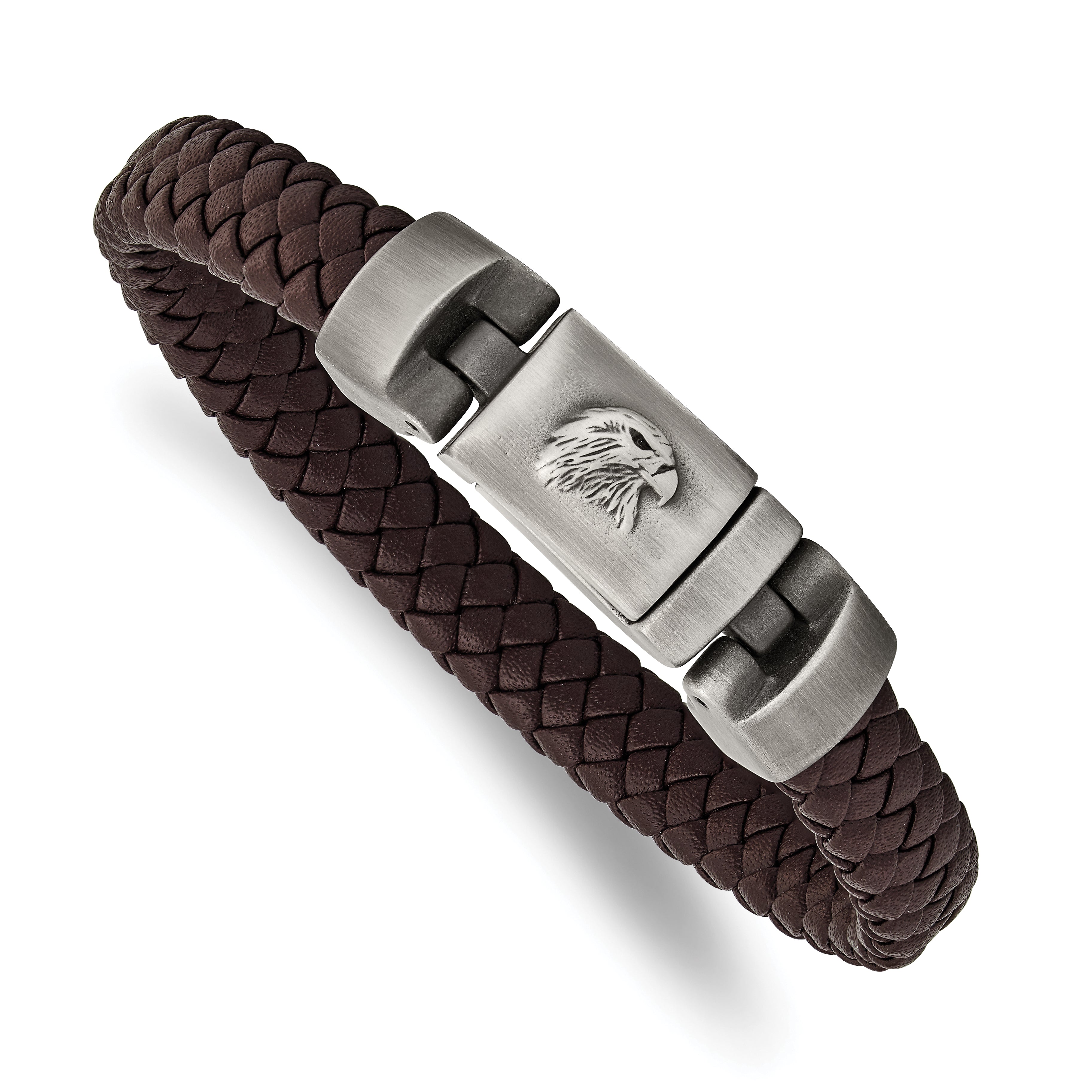 Chisel Stainless Steel Antiqued and Brushed Eagle Head Brown Braided Leather 8.75 inch Bracelet - 8.75