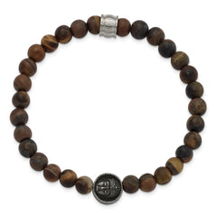 Chisel Stainless Steel Antiqued and Brushed Buddha 6.5mm Tiger's Eye Beaded Stretch Bracelet