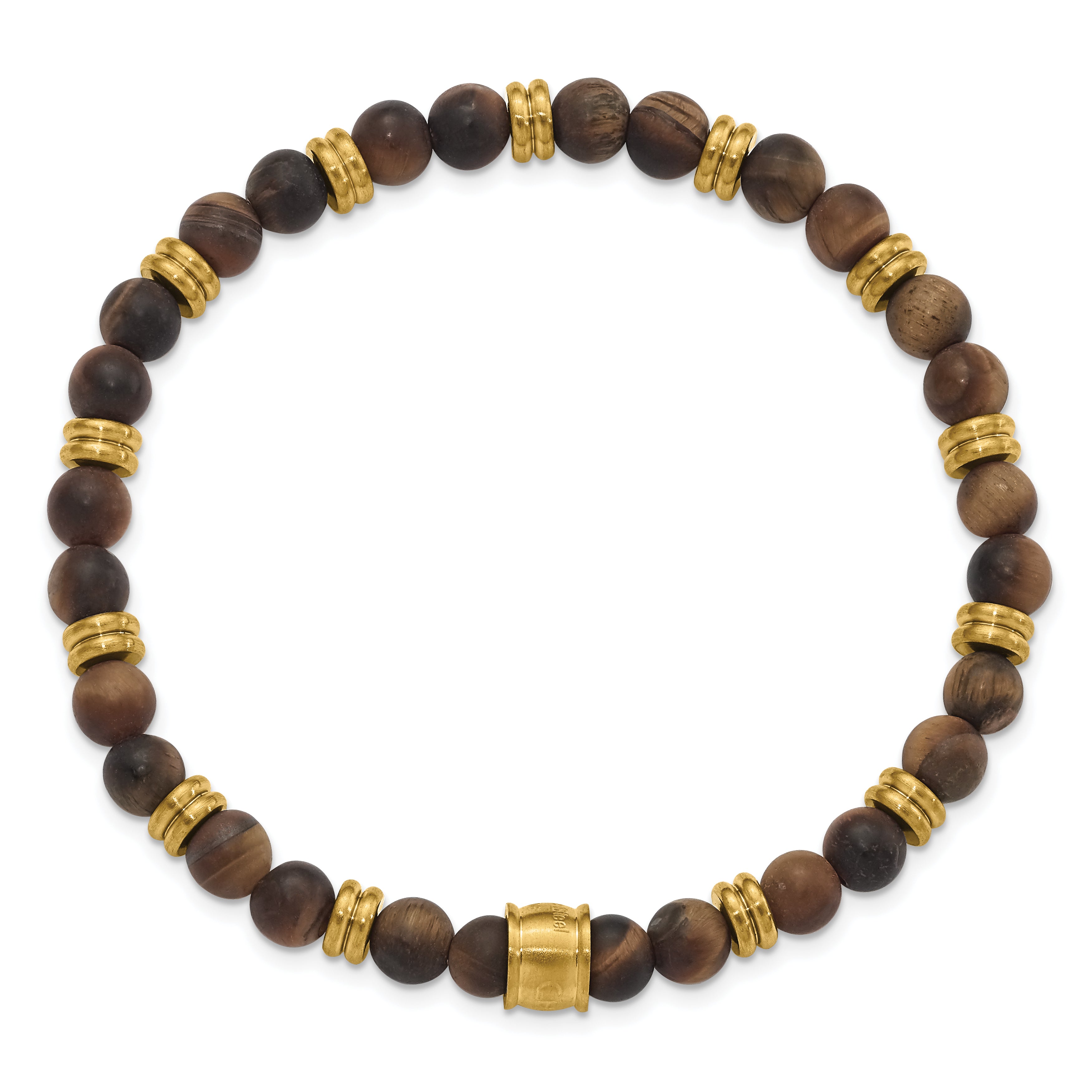 Chisel Stainless Steel Brushed Yellow IP-plated 6.5mm Tiger's Eye Beaded Stretch Bracelet