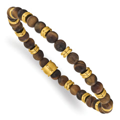 Chisel Stainless Steel Brushed Yellow IP-plated 6.5mm Tiger's Eye Beaded Stretch Bracelet
