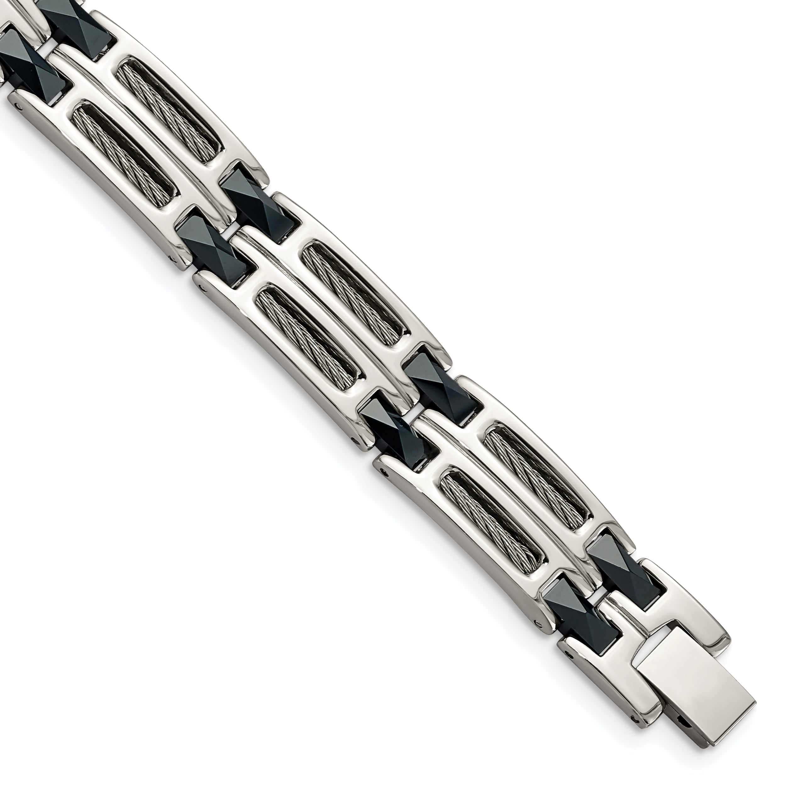 Chisel Stainless Steel Polished with Dark Blue Ceramic and Cable Inlay 8.75 inch Link Bracelet Main image