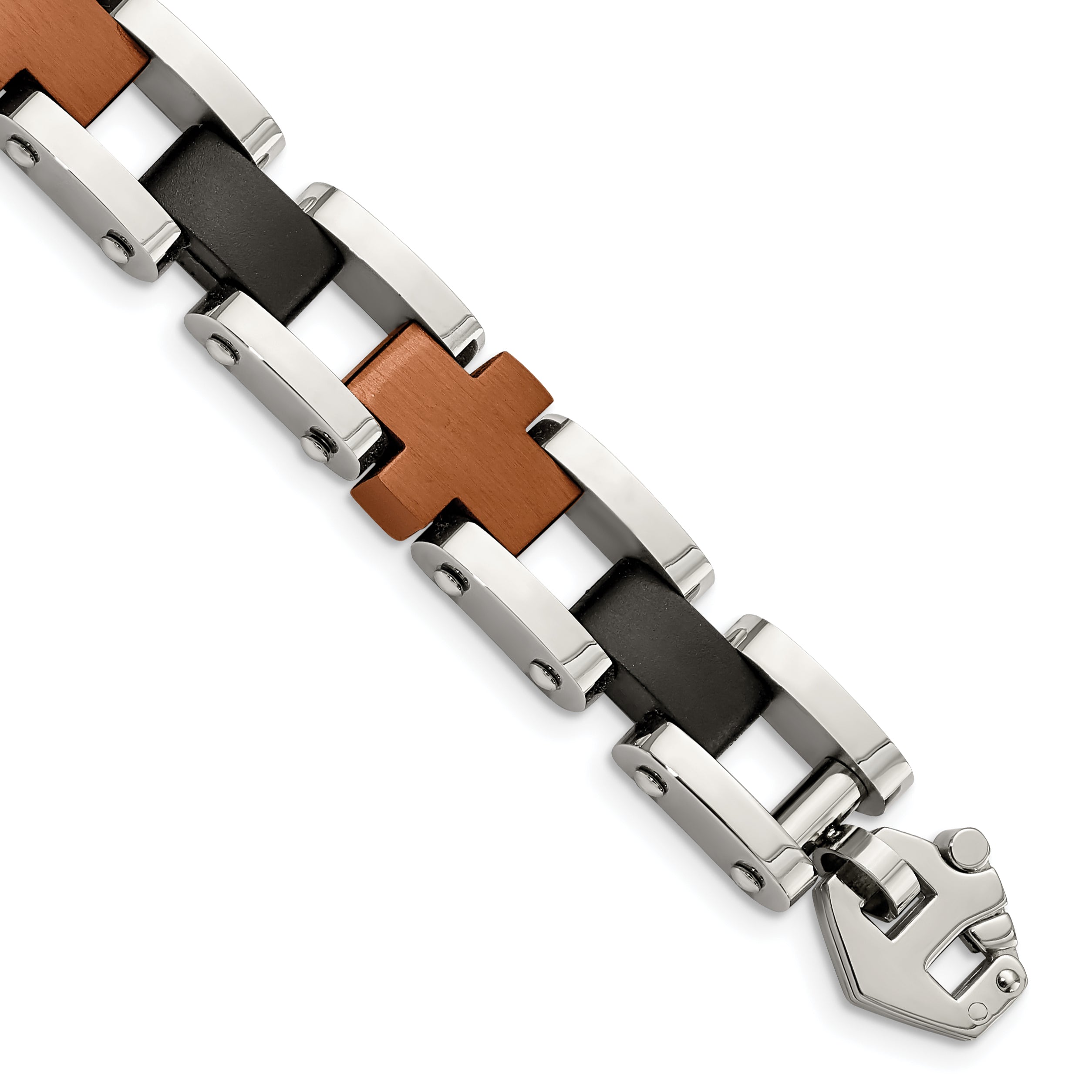 Chisel Stainless Steel Brushed and Polished Black and Brown IP-plated 8.75 inch Cross Link Bracelet Main image