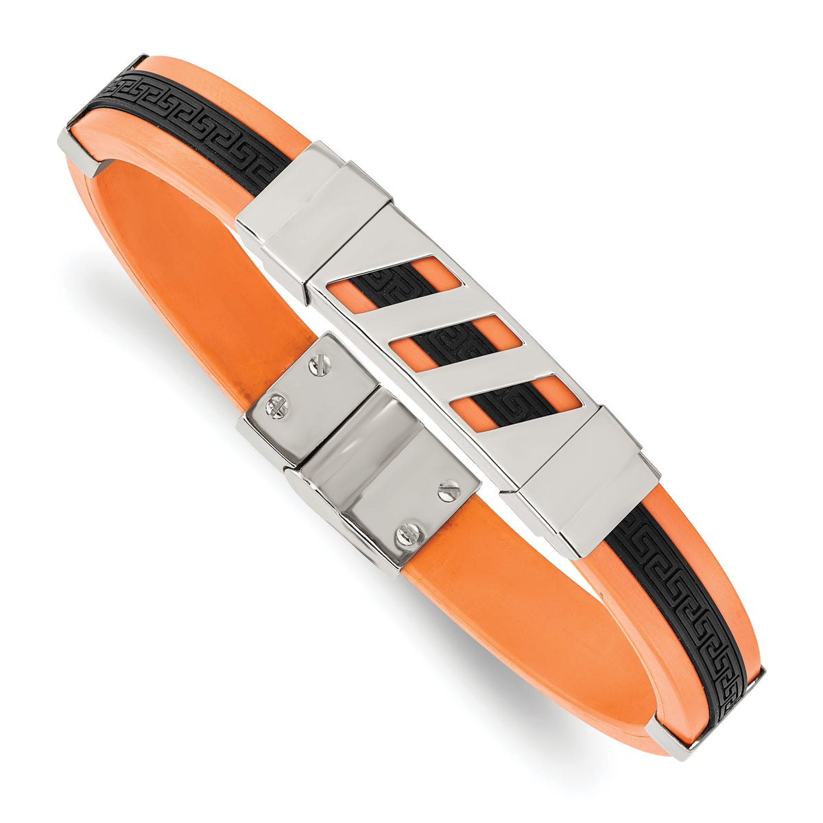 Chisel Stainless Steel Polished Black and Orange Rubber with Greek Key Design 8 inch Bracelet