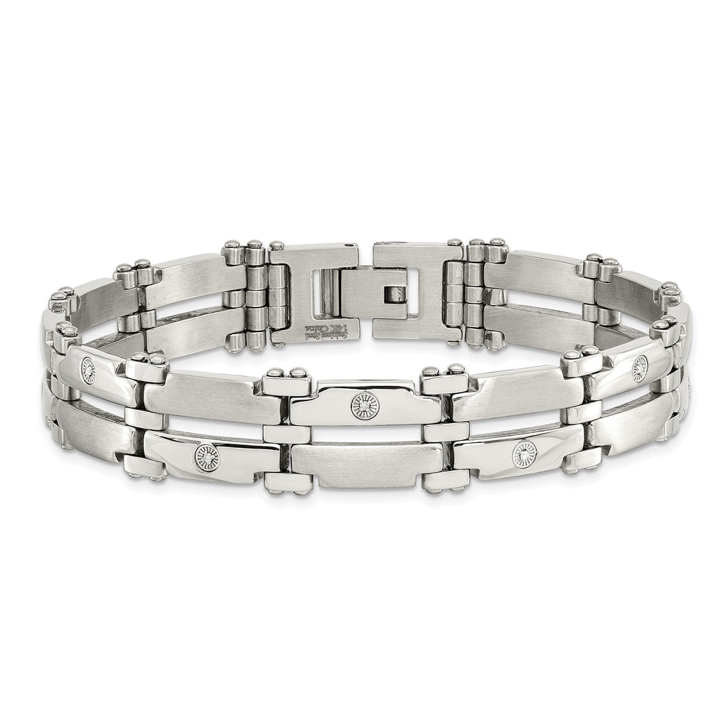 Chisel Stainless Steel Brushed and Polished with Rhodium-plated 14k White Gold and 1/20 carat Diamond 8.5 inch Bracelet