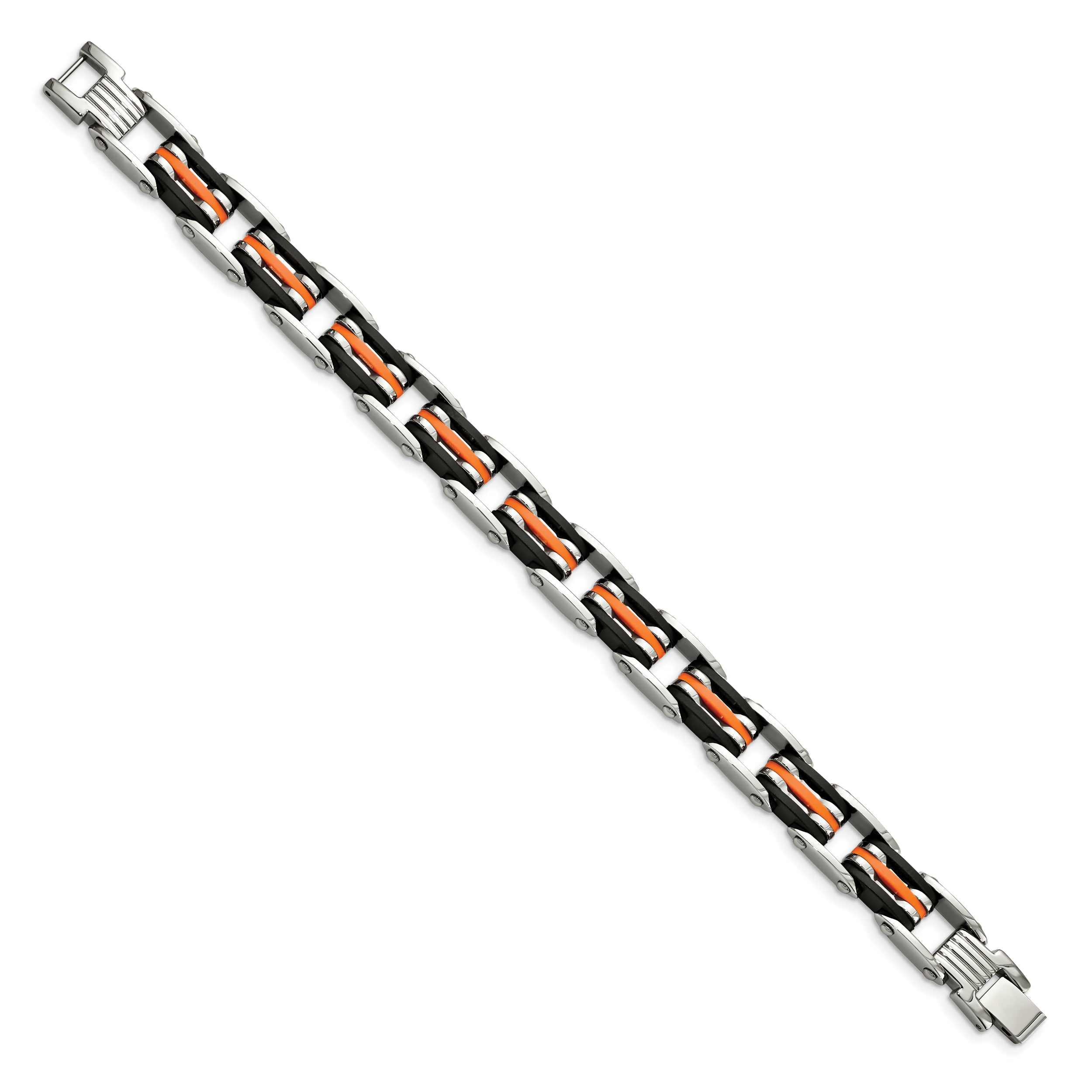 Chisel Stainless Steel Polished with Blakc and Orange Rubber 8.5 inch Link Bracelet