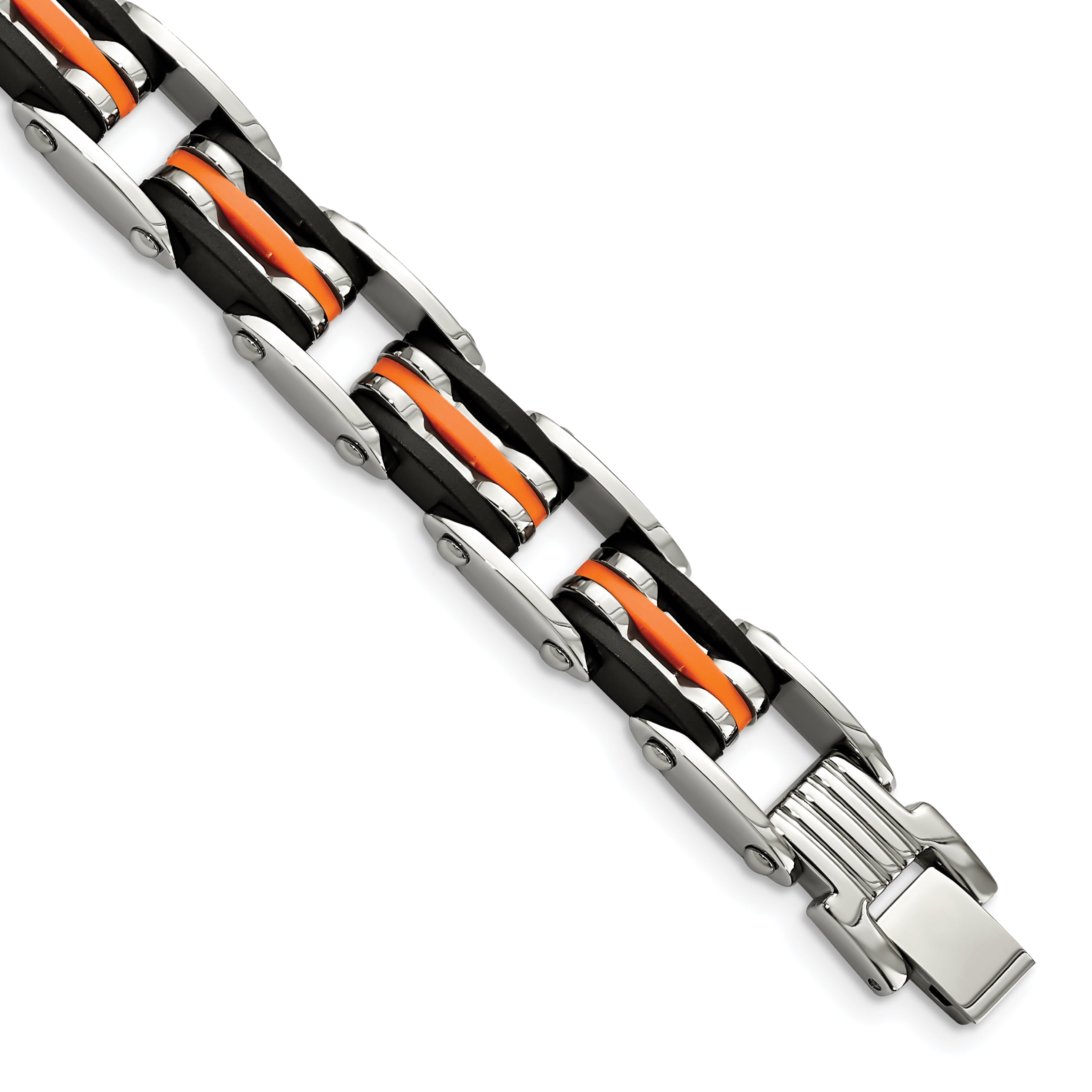 Chisel Stainless Steel Polished with Blakc and Orange Rubber 8.5 inch Link Bracelet