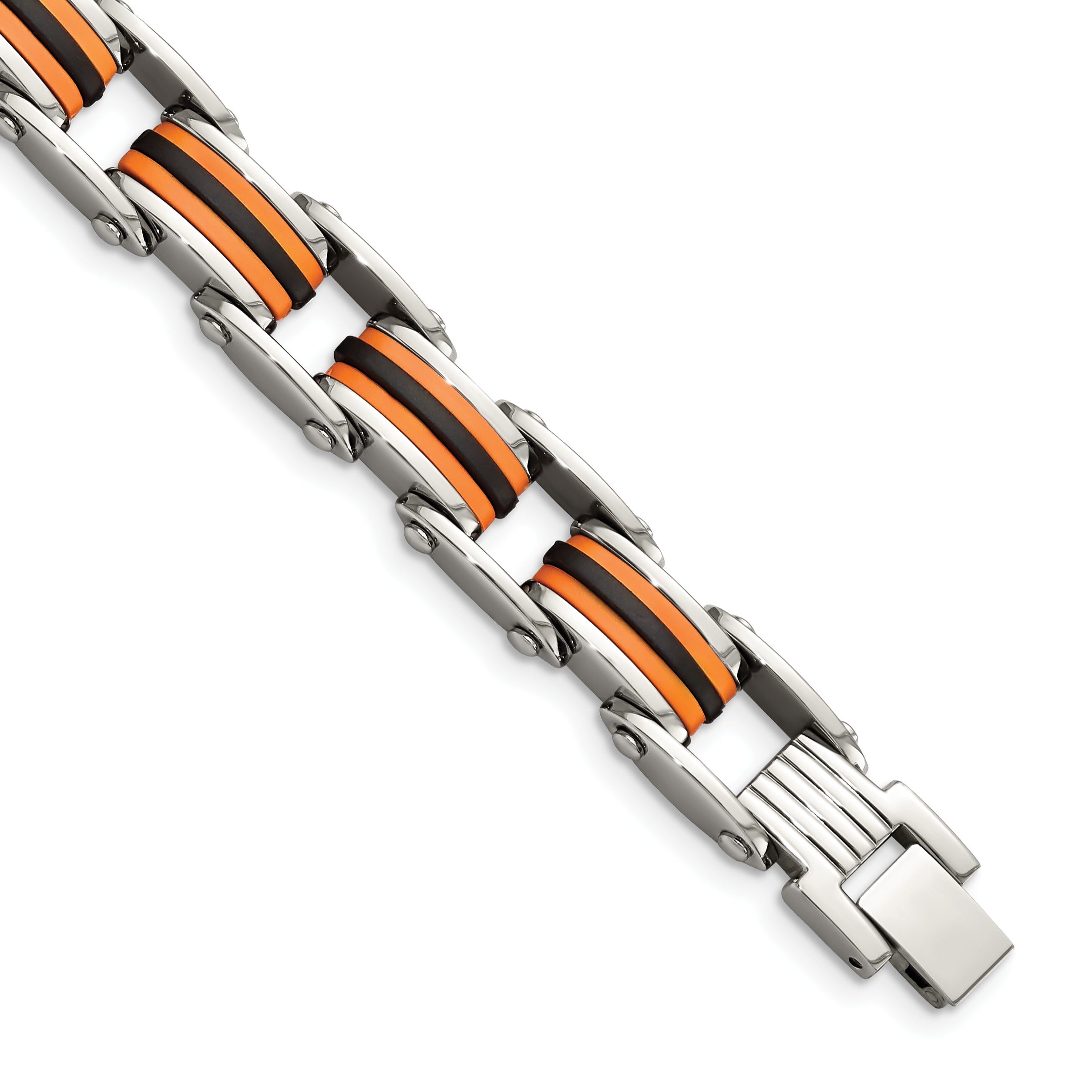 Chisel Stainless Steel Polished with Black and Orange Polyurethane 8.75 inch Link Bracelet Main image
