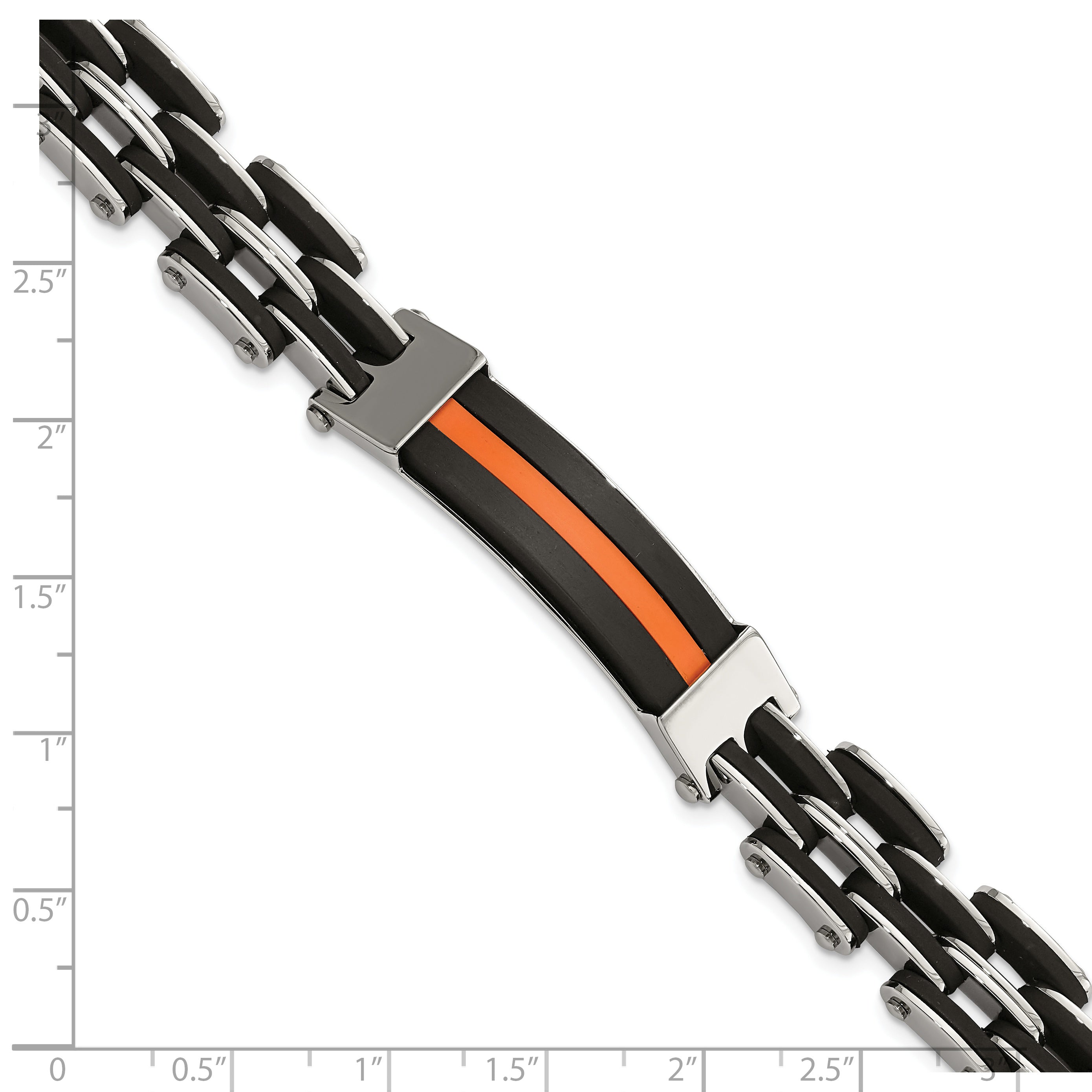 Stainless Steel Polished Black & Orange Polyurethane Link Bracelet