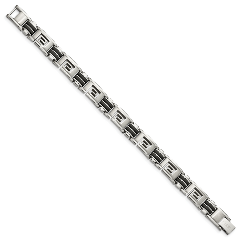 Greek Key Bracelet in Stainless Steel with Black Rubber Inlay