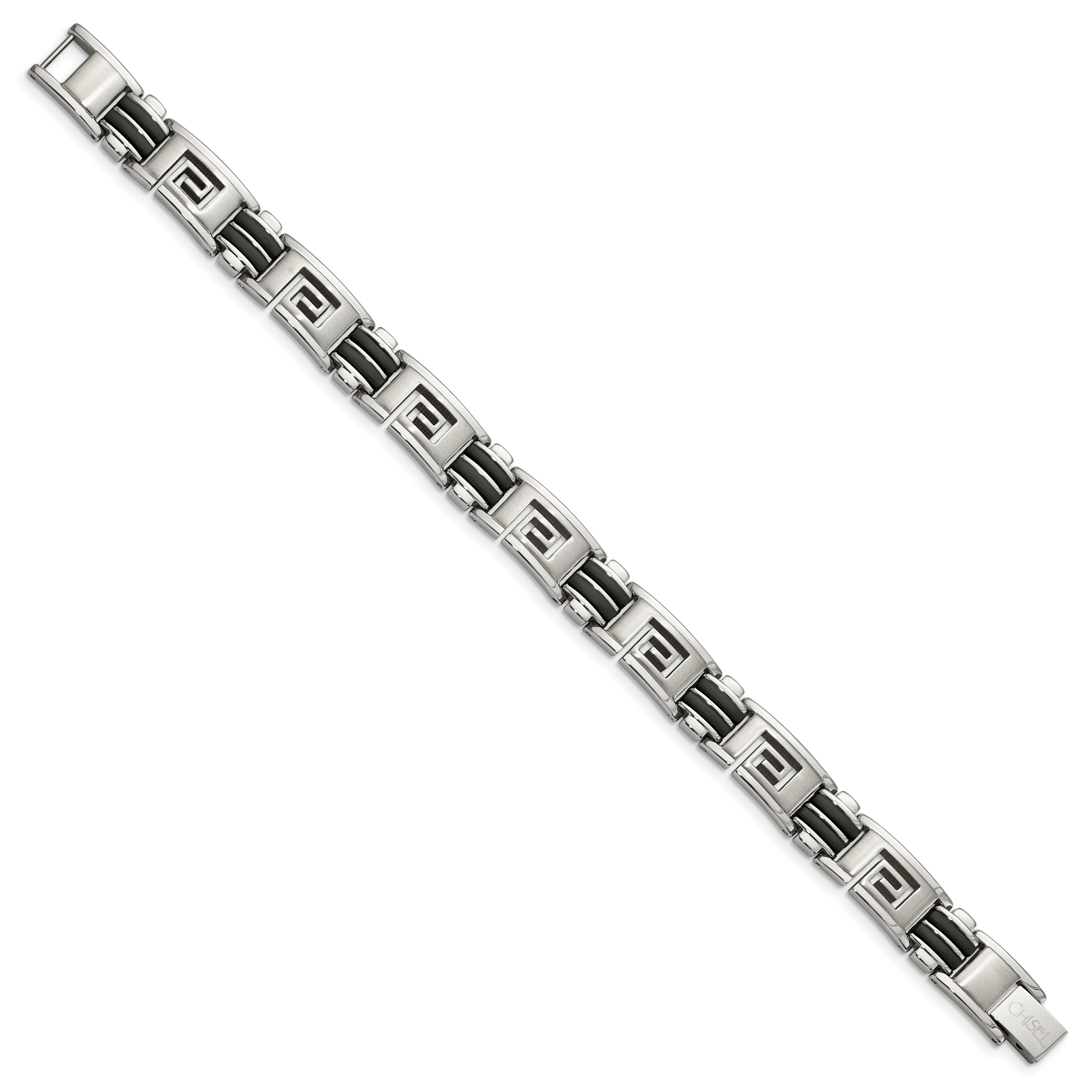 Greek Key Bracelet in Stainless Steel with Black Rubber Inlay