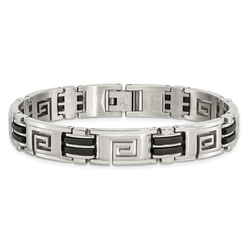 Greek Key Bracelet in Stainless Steel with Black Rubber Inlay