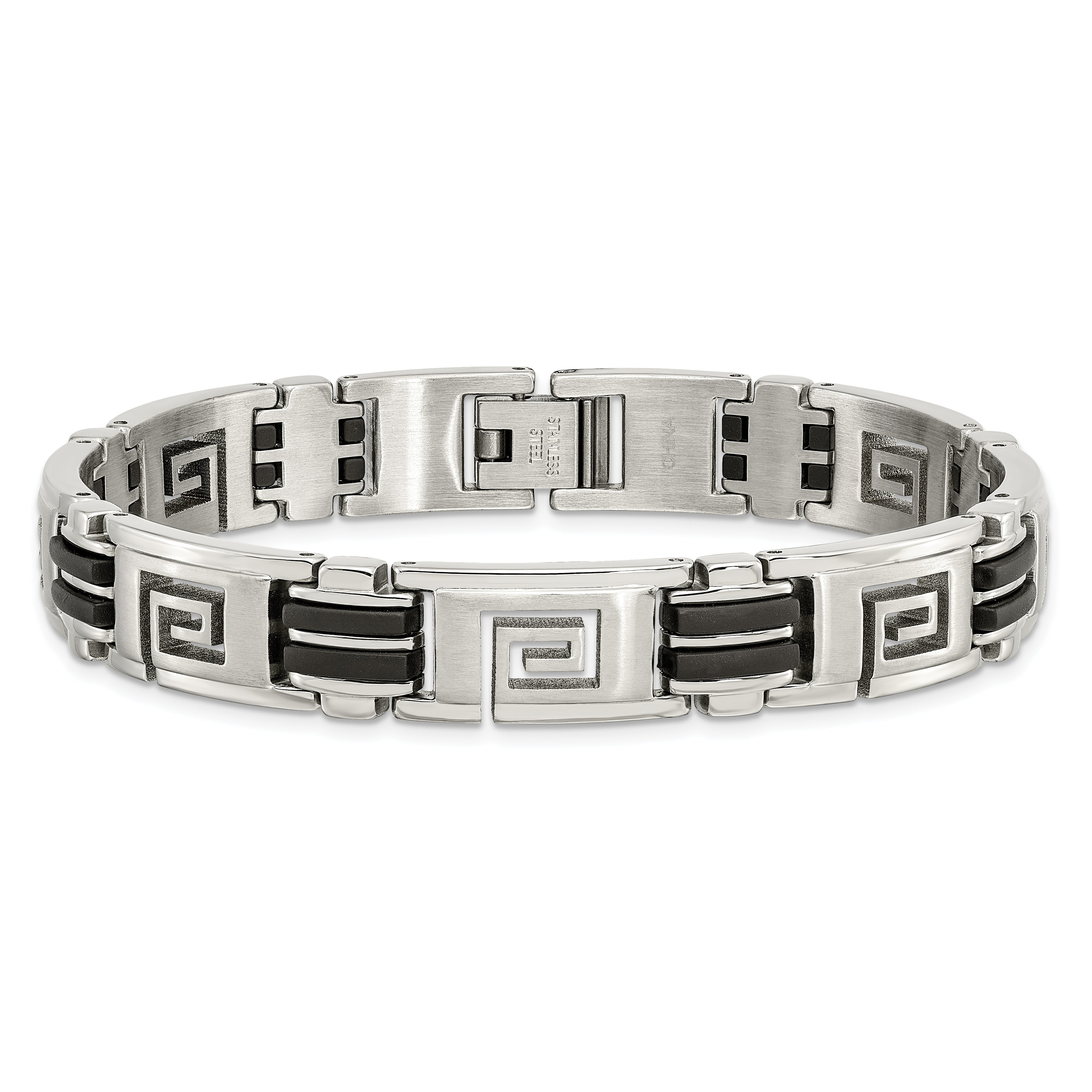 Greek Key Bracelet in Stainless Steel with Black Rubber Inlay