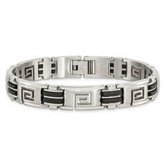 Chisel Stainless Steel Brushed and Polished Black Rubber Inlay Greek Key 8.5 inch Bracelet