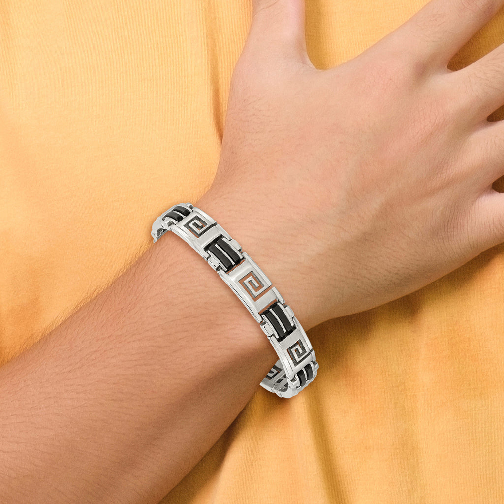 Greek Key Bracelet in Stainless Steel with Black Rubber Inlay