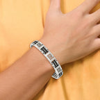 Greek Key Bracelet in Stainless Steel with Black Rubber Inlay