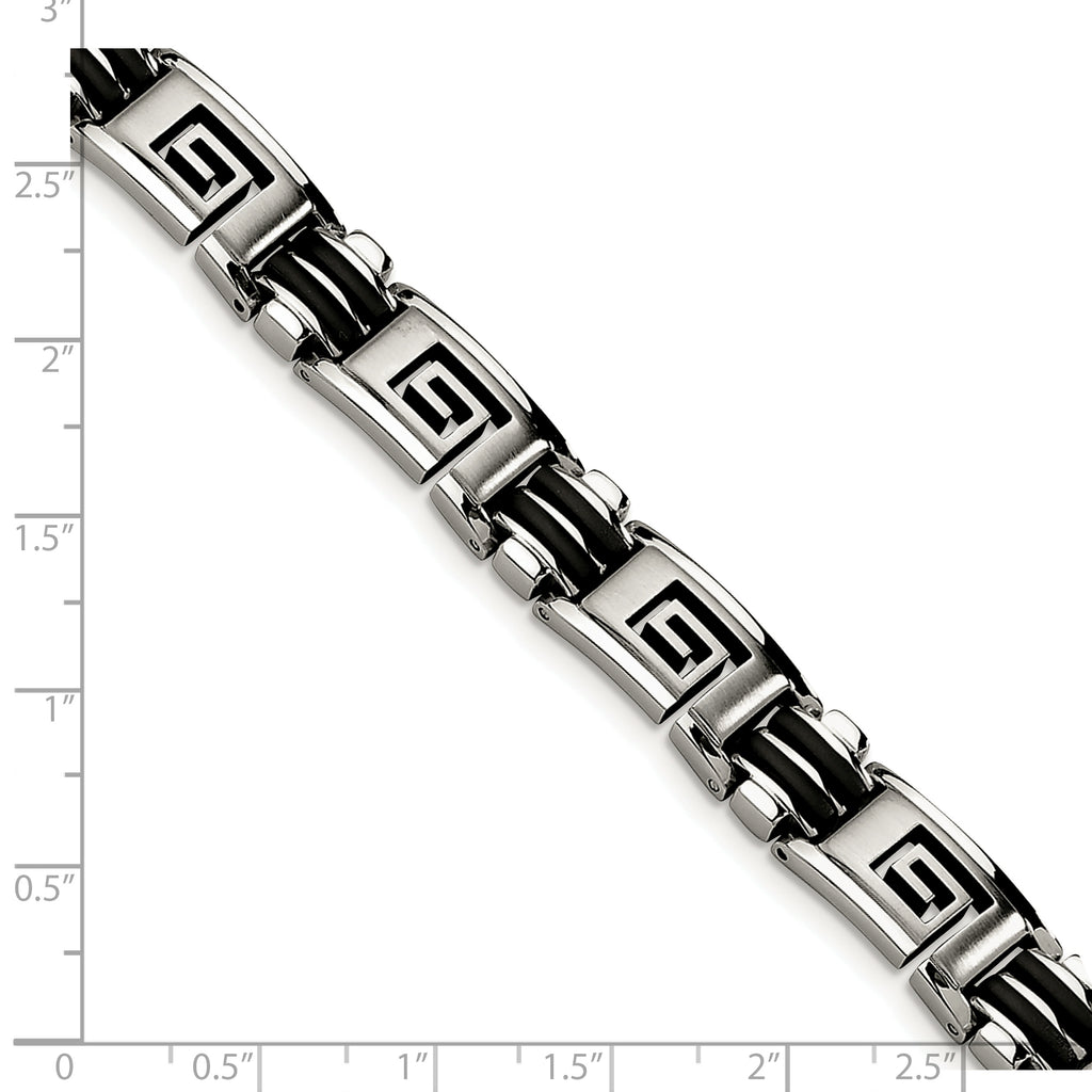 Greek Key Bracelet in Stainless Steel with Black Rubber Inlay
