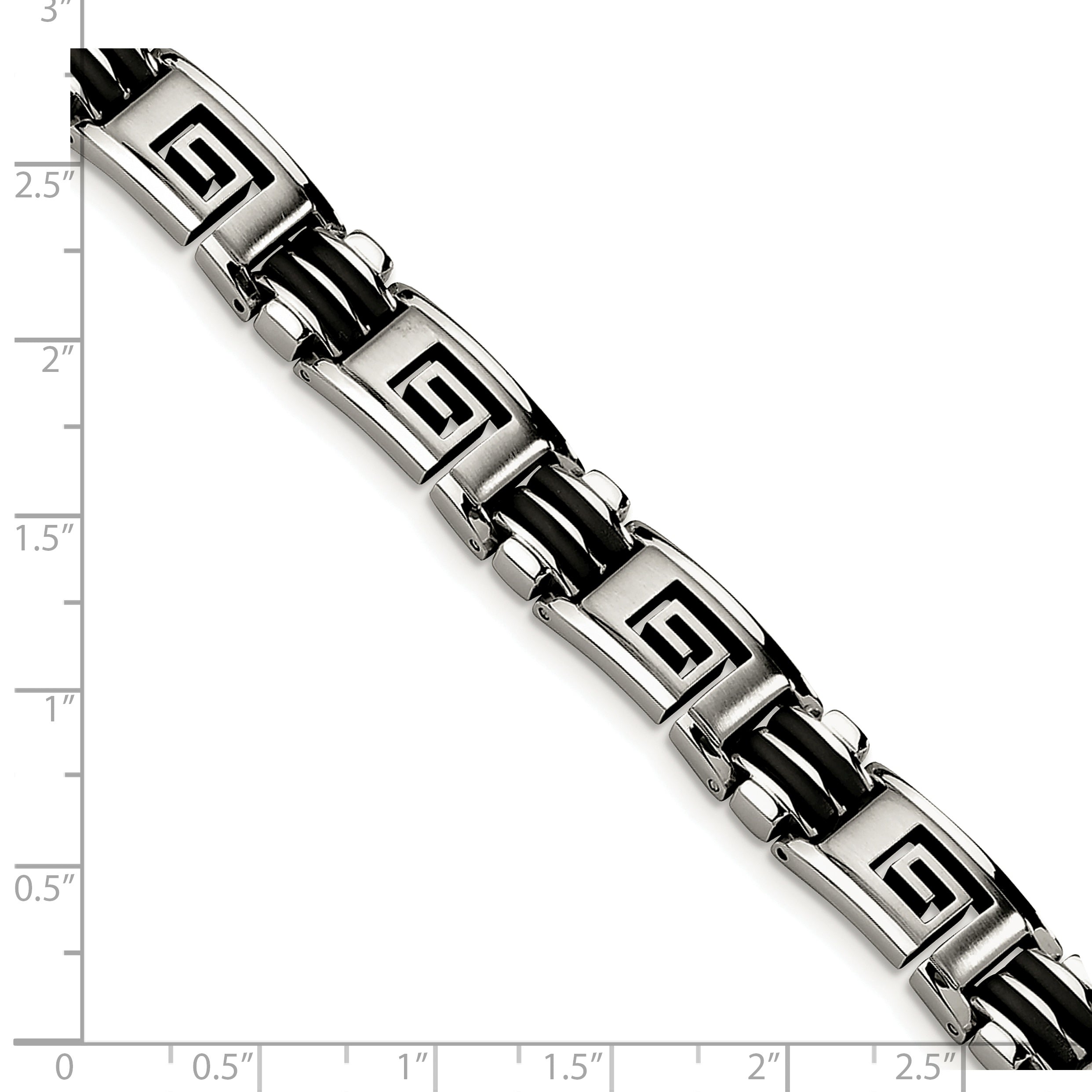 Greek Key Bracelet in Stainless Steel with Black Rubber Inlay