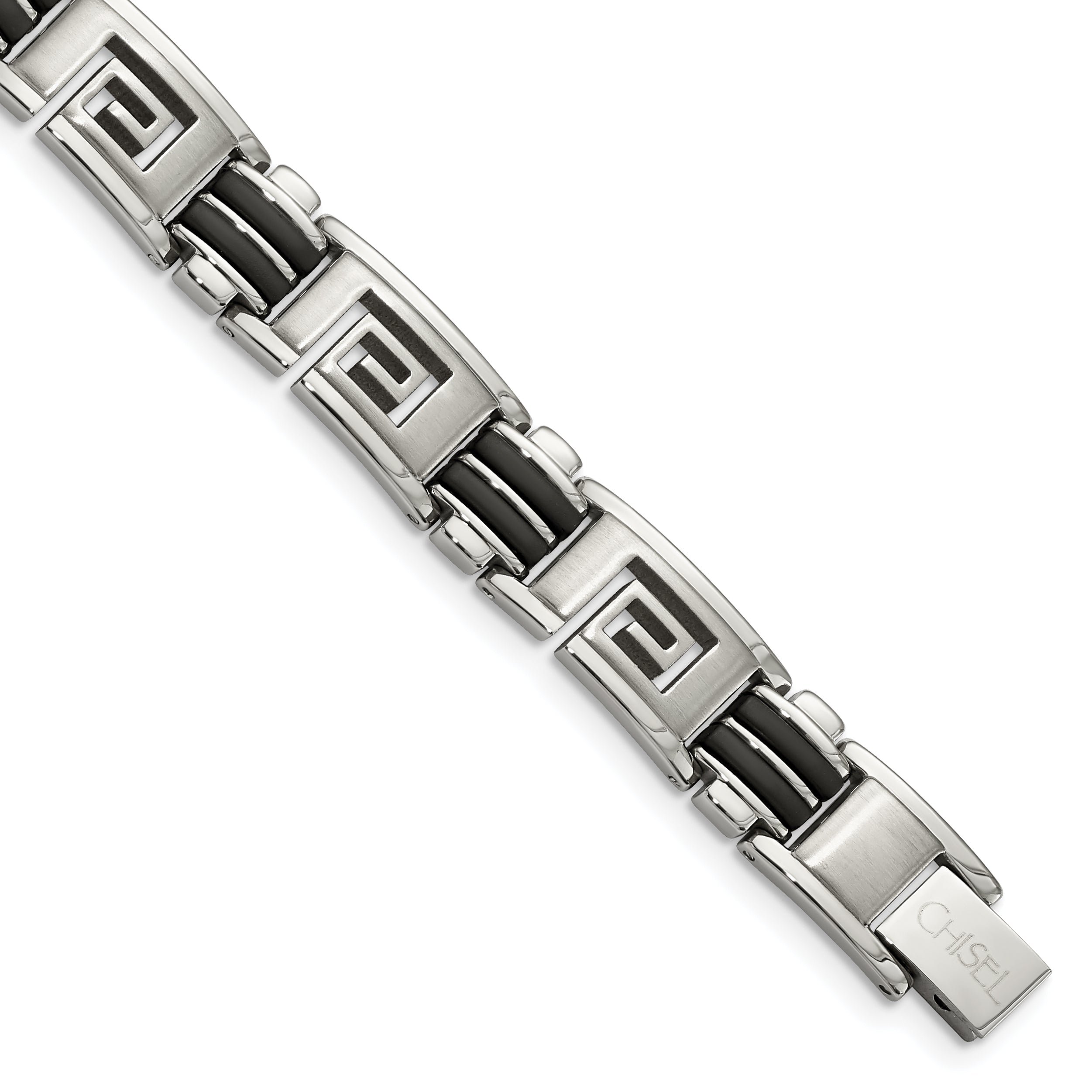 Chisel Stainless Steel Brushed and Polished Black Rubber Inlay Greek Key 8.5 inch Bracelet Main image