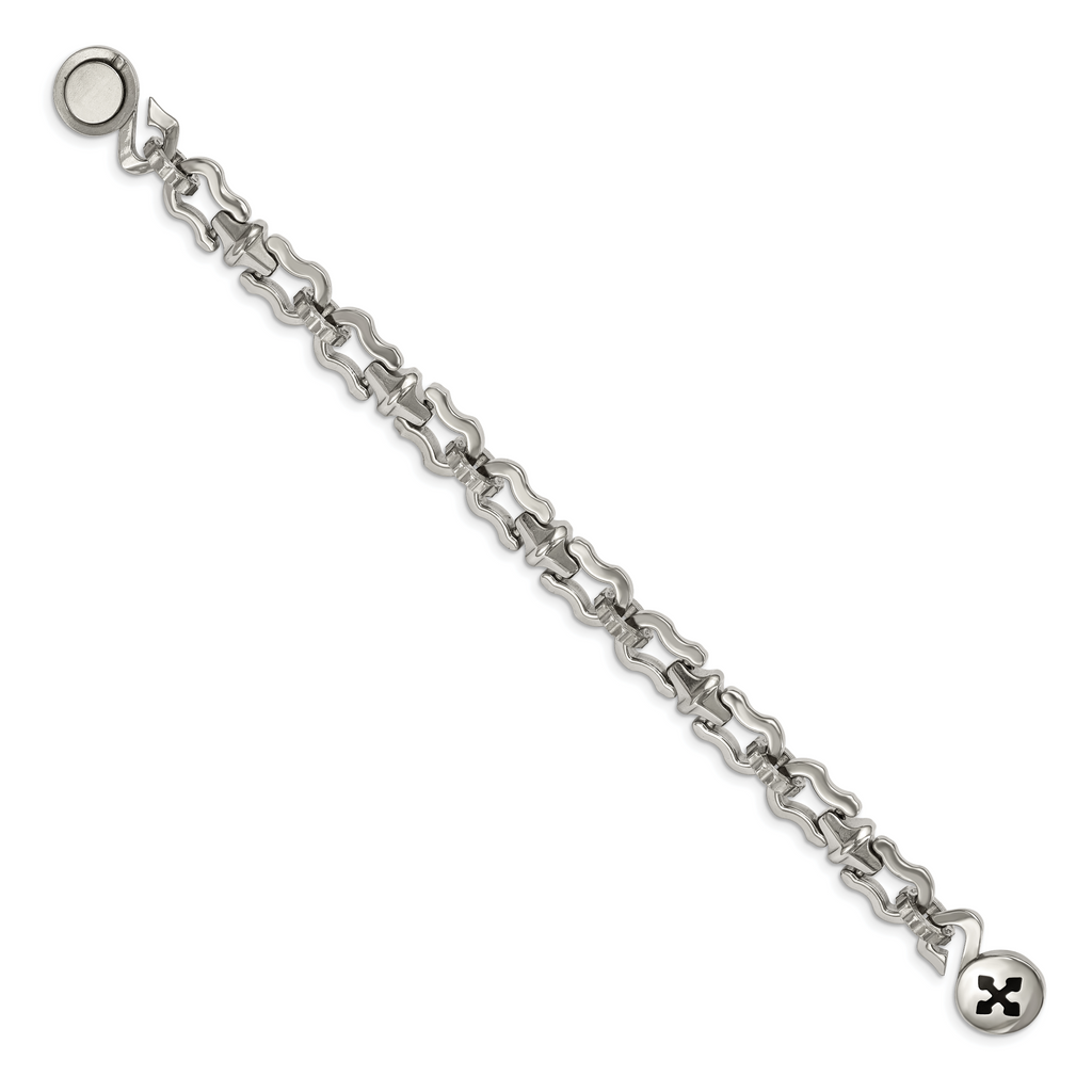 Stainless Steel Polished with Black Rubber Cross 8.5in Bracelet