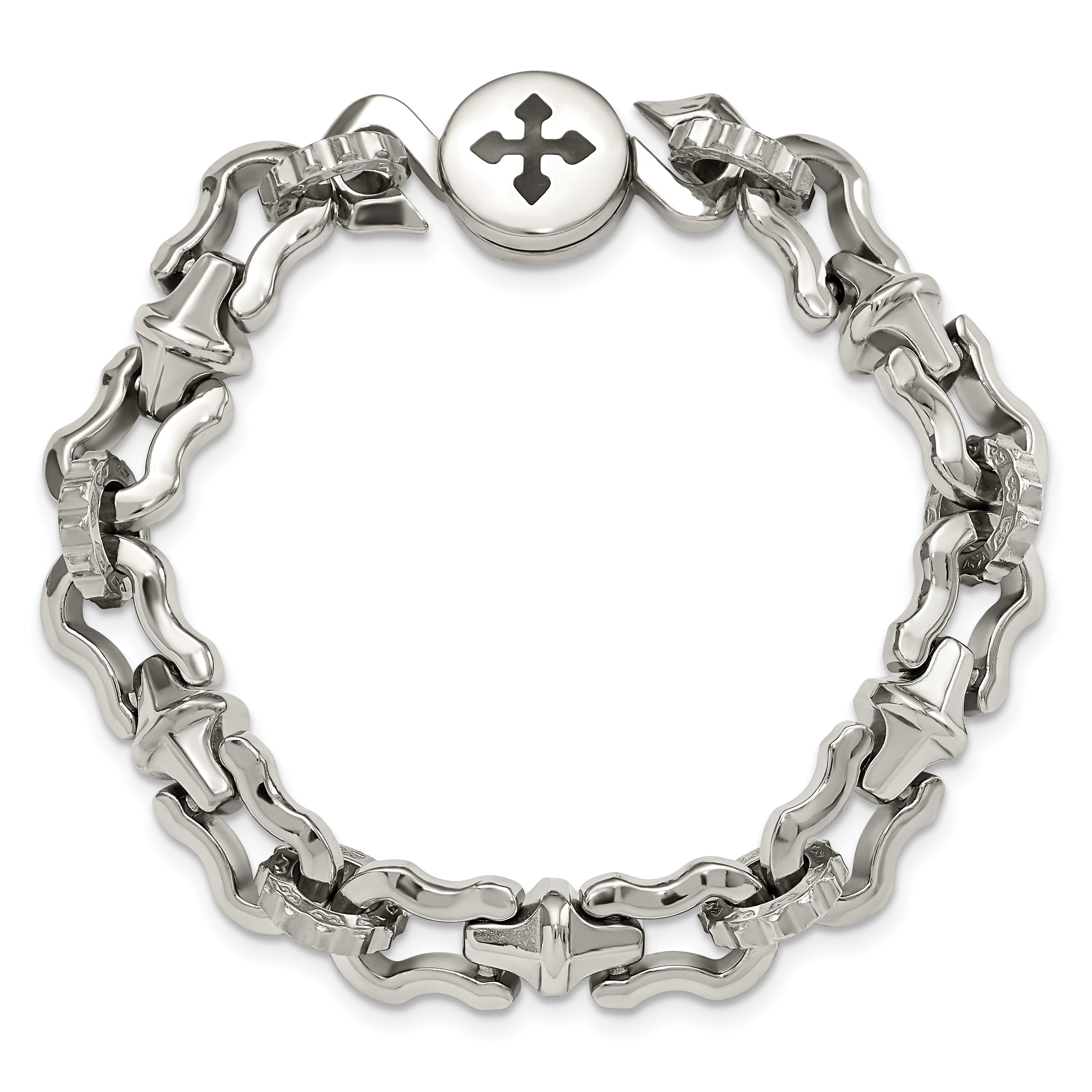 Stainless Steel Polished with Black Rubber Cross 8.5in Bracelet