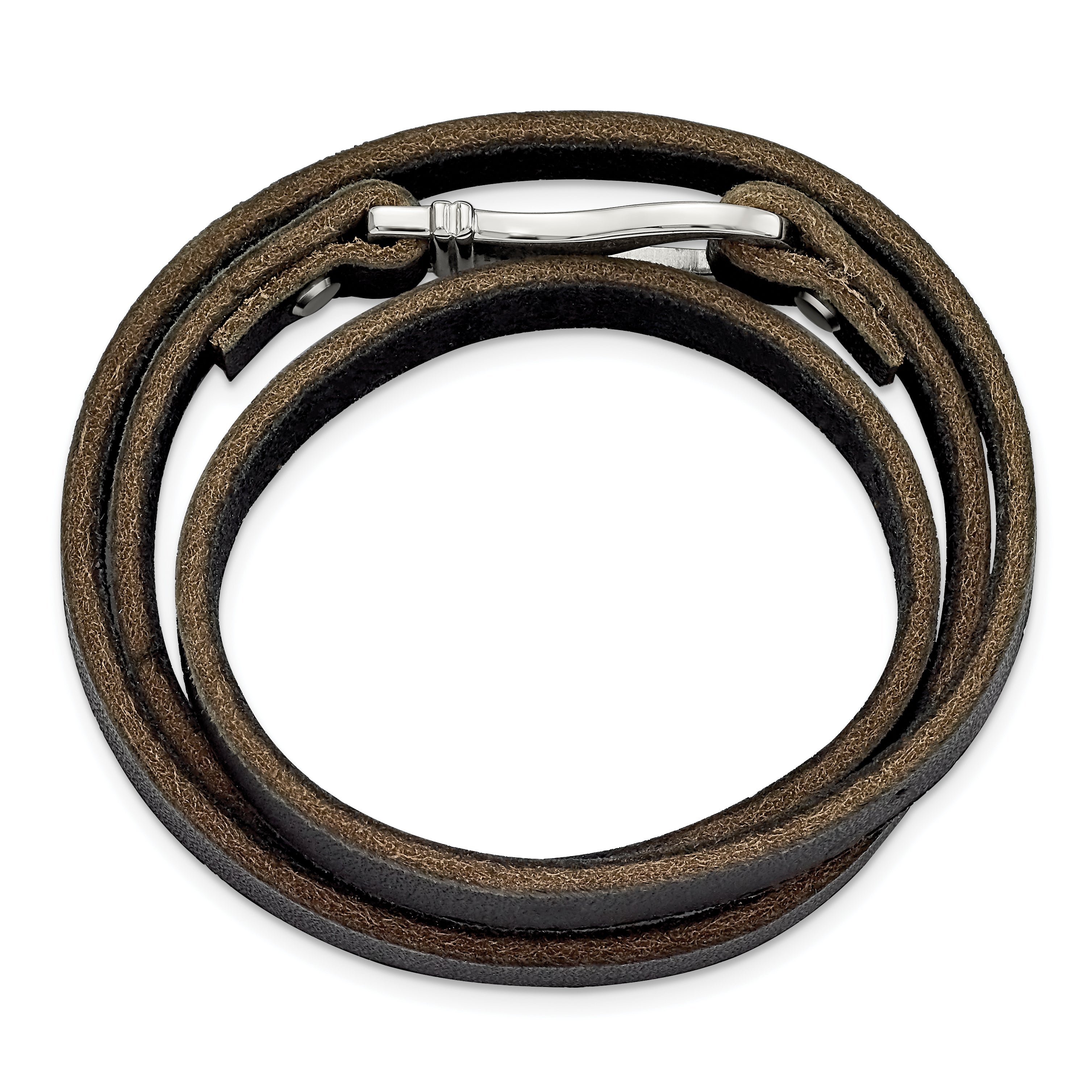 Chisel Stainless Steel Polished Black and Brown Leather 24 inch Wrap Bracelet Secondary image