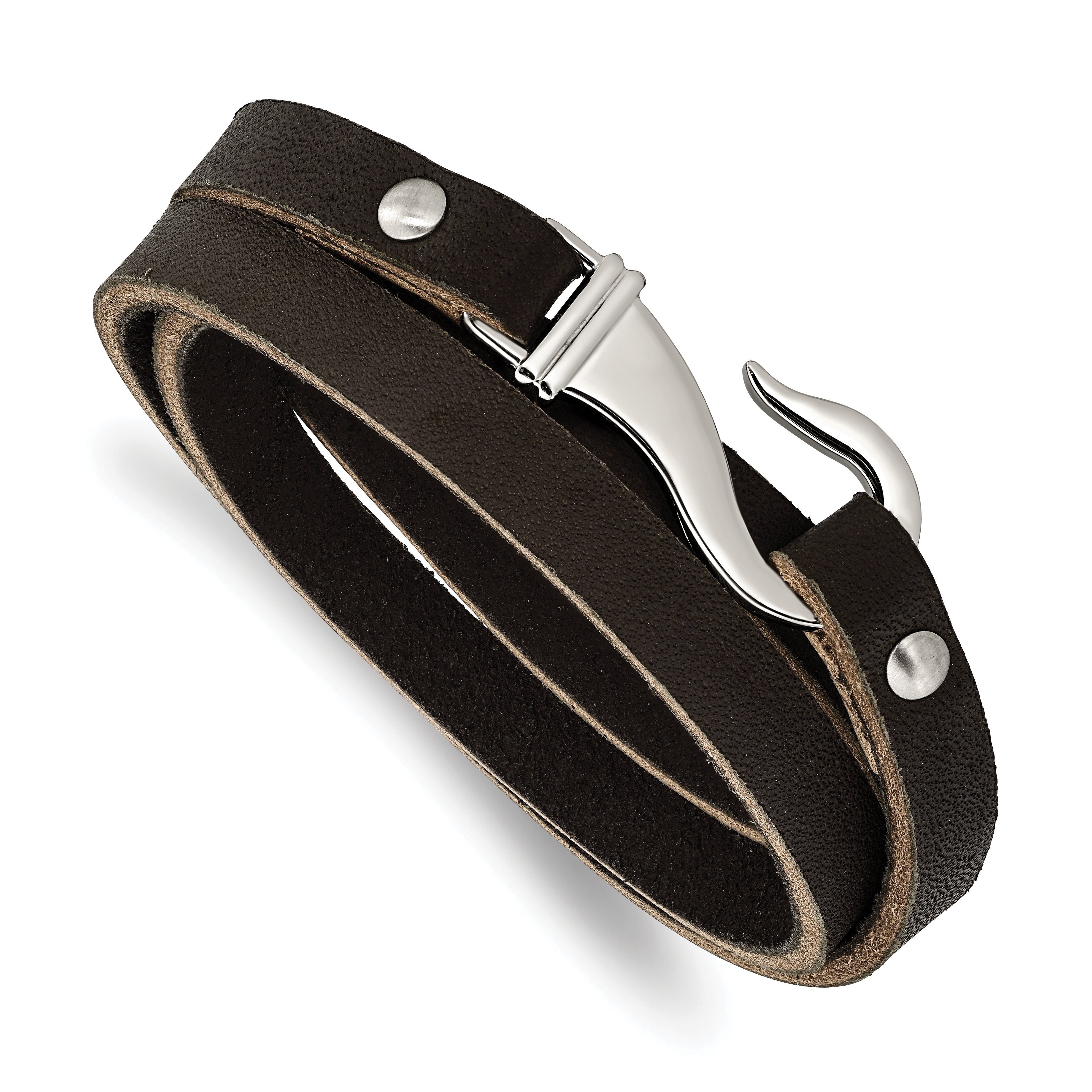 Chisel Stainless Steel Polished Black and Brown Leather 24 inch Wrap Bracelet Main image
