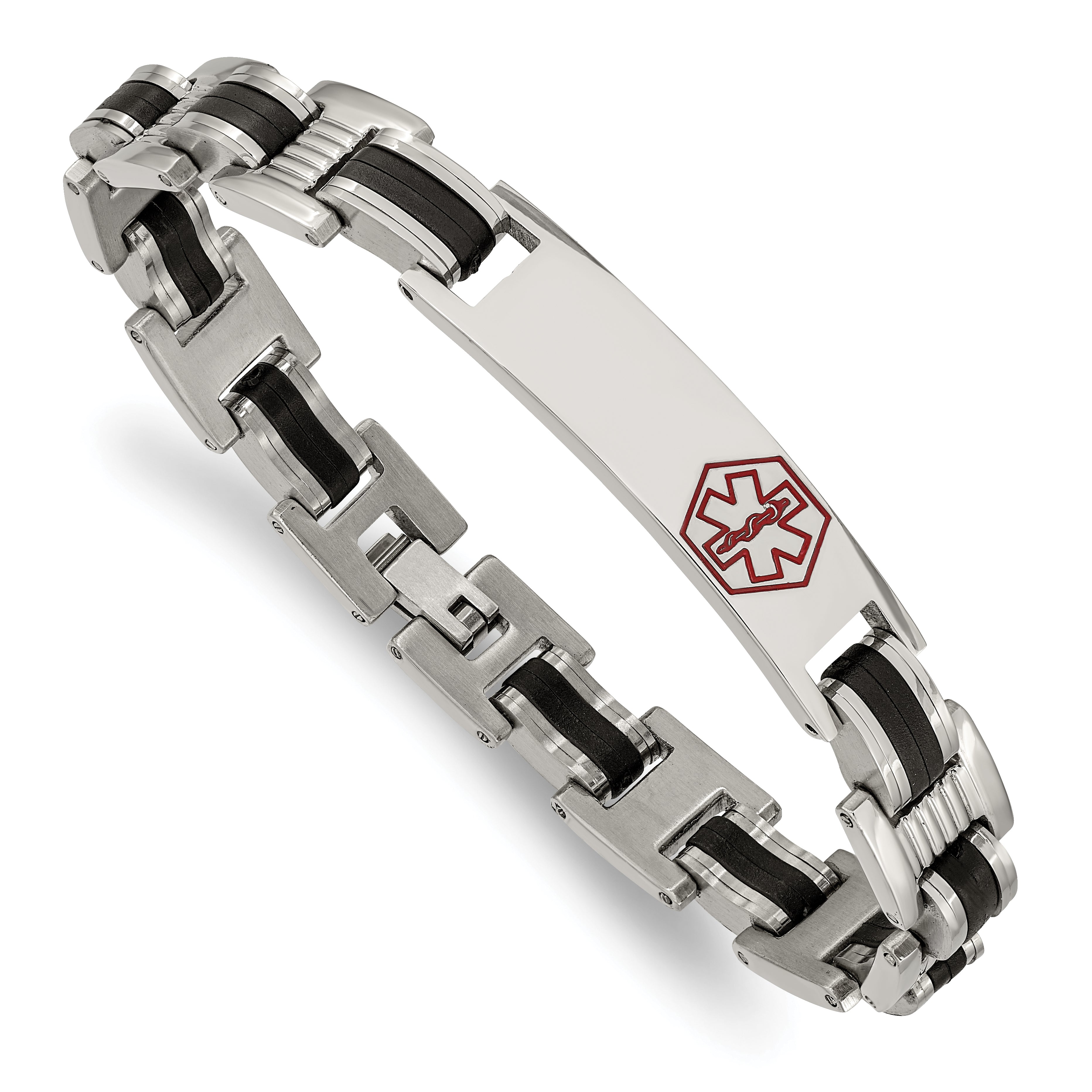 Chisel Stainless Steel Polished with Red Enamel and Black Rubber Medical ID 8 inch Link Bracelet