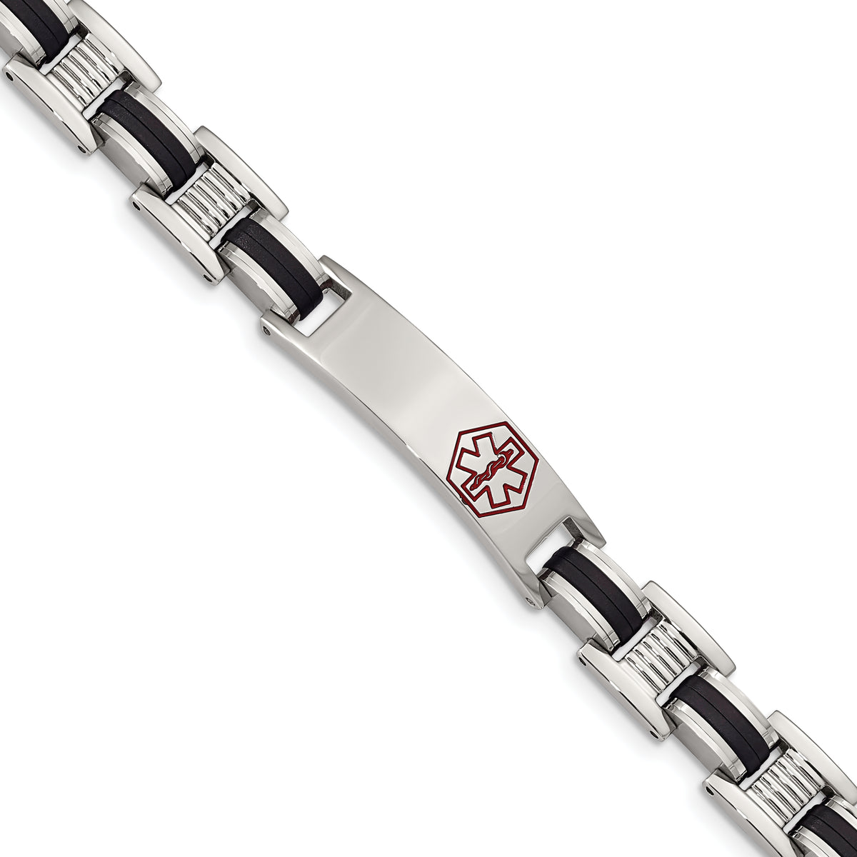 Chisel Stainless Steel Polished with Red Enamel and Black Rubber Medical ID 8 inch Link Bracelet