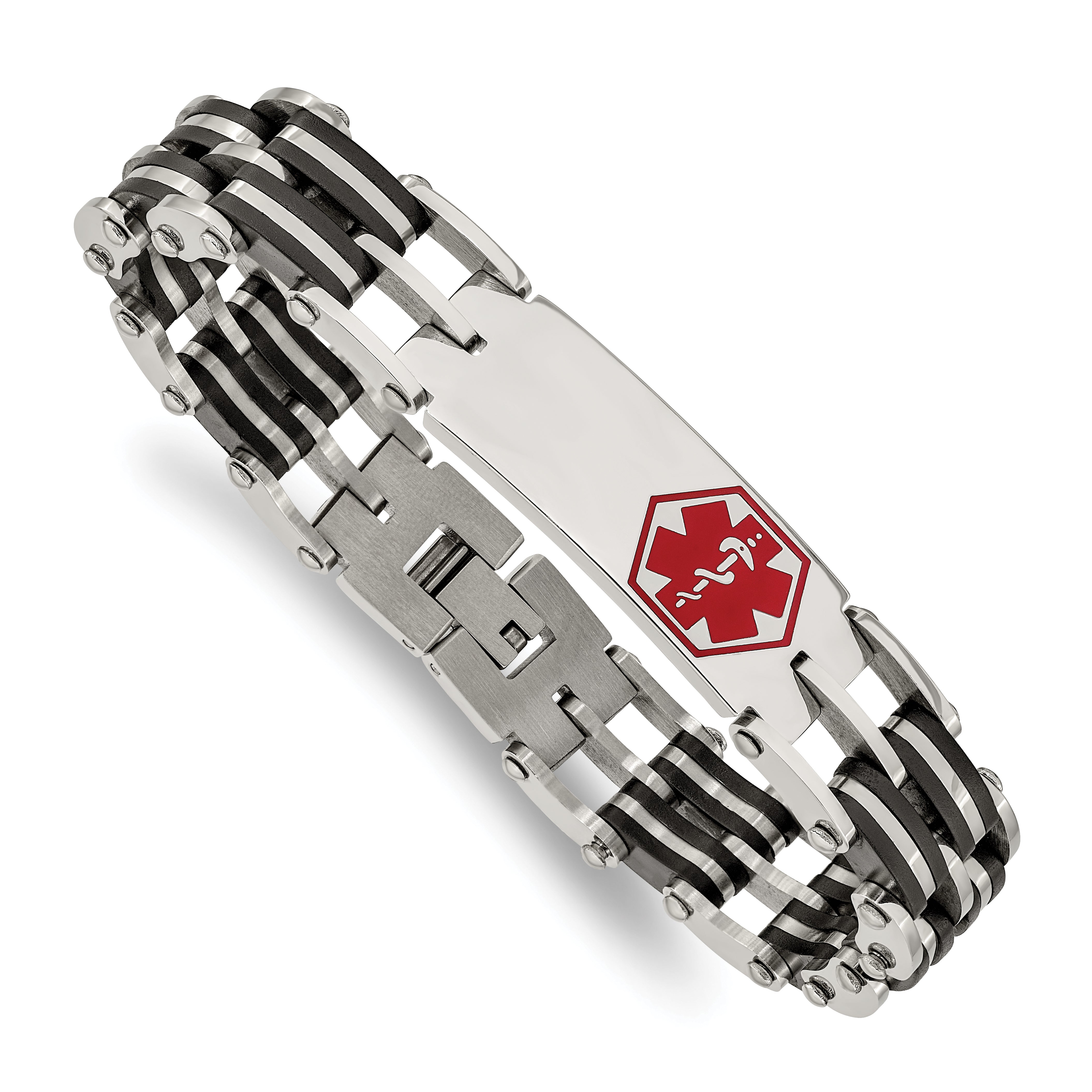 Chisel Stainless Steel Polished with Red Enamel and Black Rubber Medical ID 8.25 inch Link Bracelet