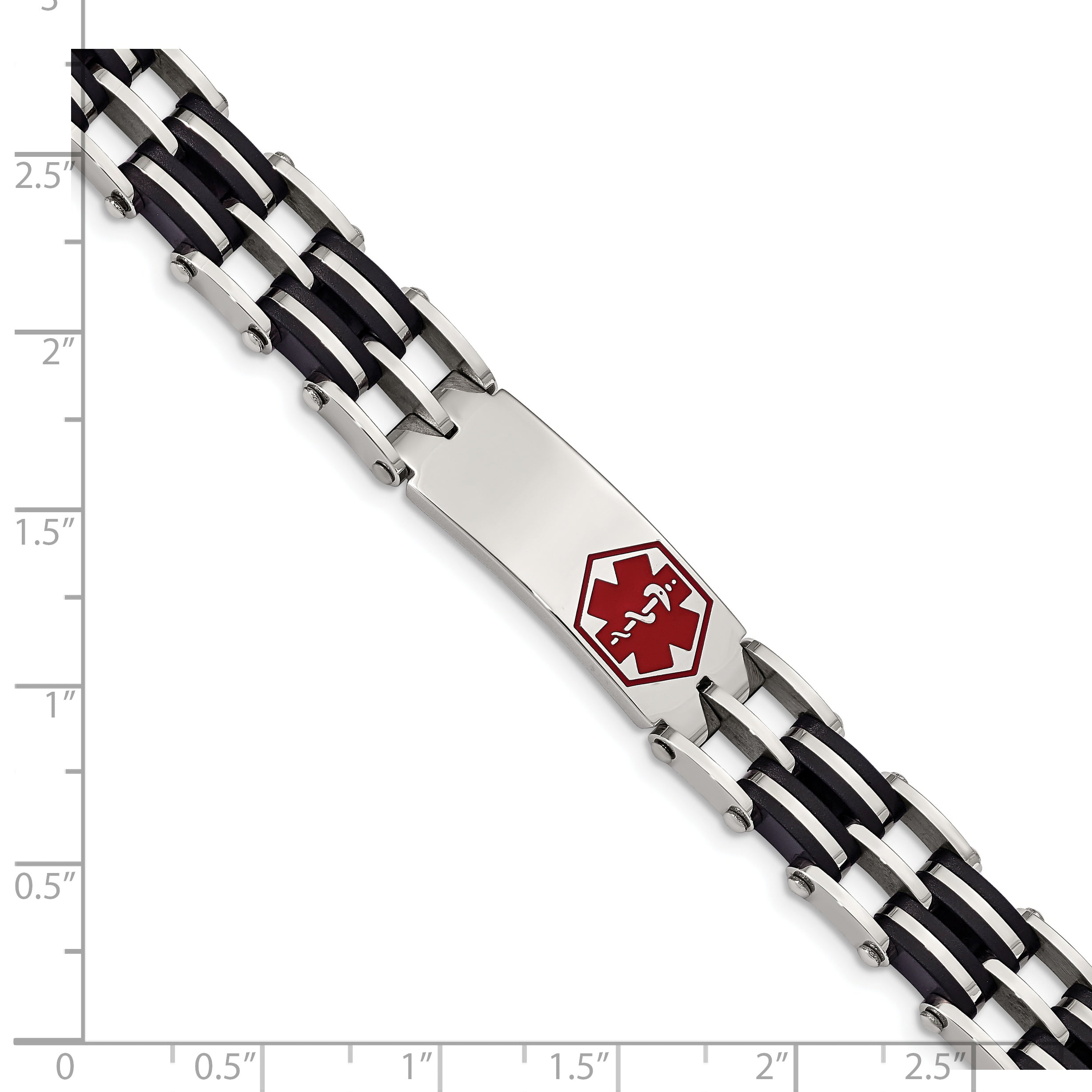 Chisel Stainless Steel Polished with Red Enamel and Black Rubber Medical ID 8.25 inch Link Bracelet