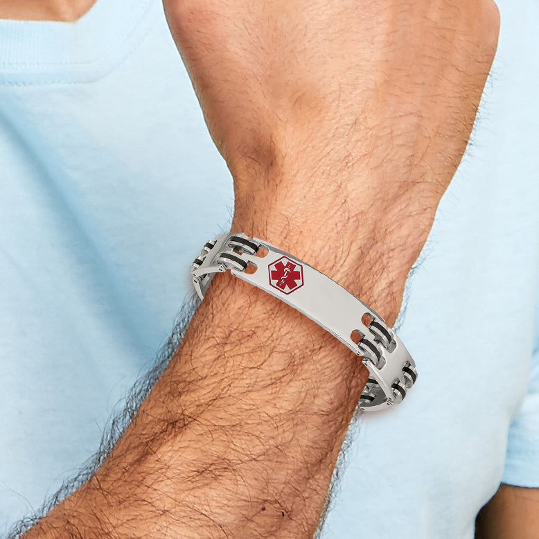 Medical ID Bracelet in Stainless Steel with Red Enamel