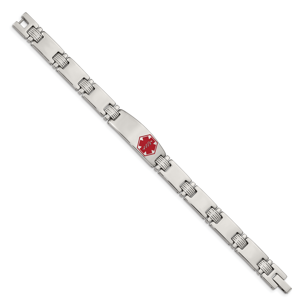 Medical ID Link Bracelet in Stainless Steel with Red Enamel