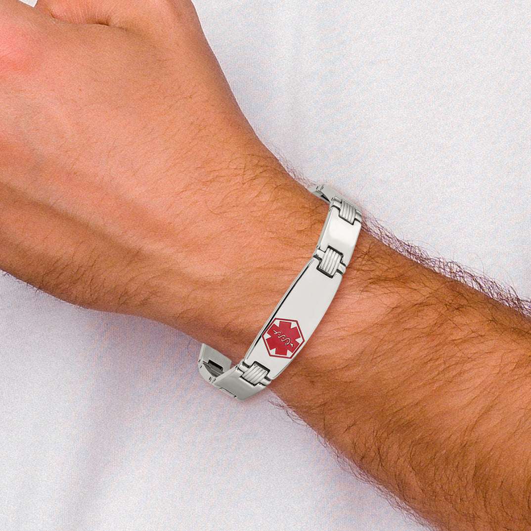 Medical ID Link Bracelet in Stainless Steel with Red Enamel