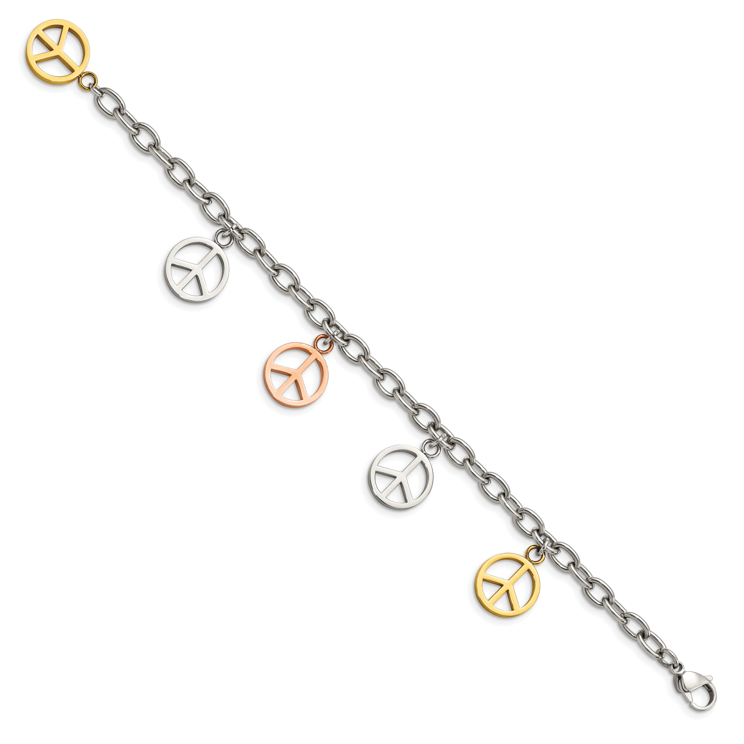 Chisel Stainless Steel Polished Rose and Yellow IP-plated Peace Sign Charms 8.5 inch Bracelet