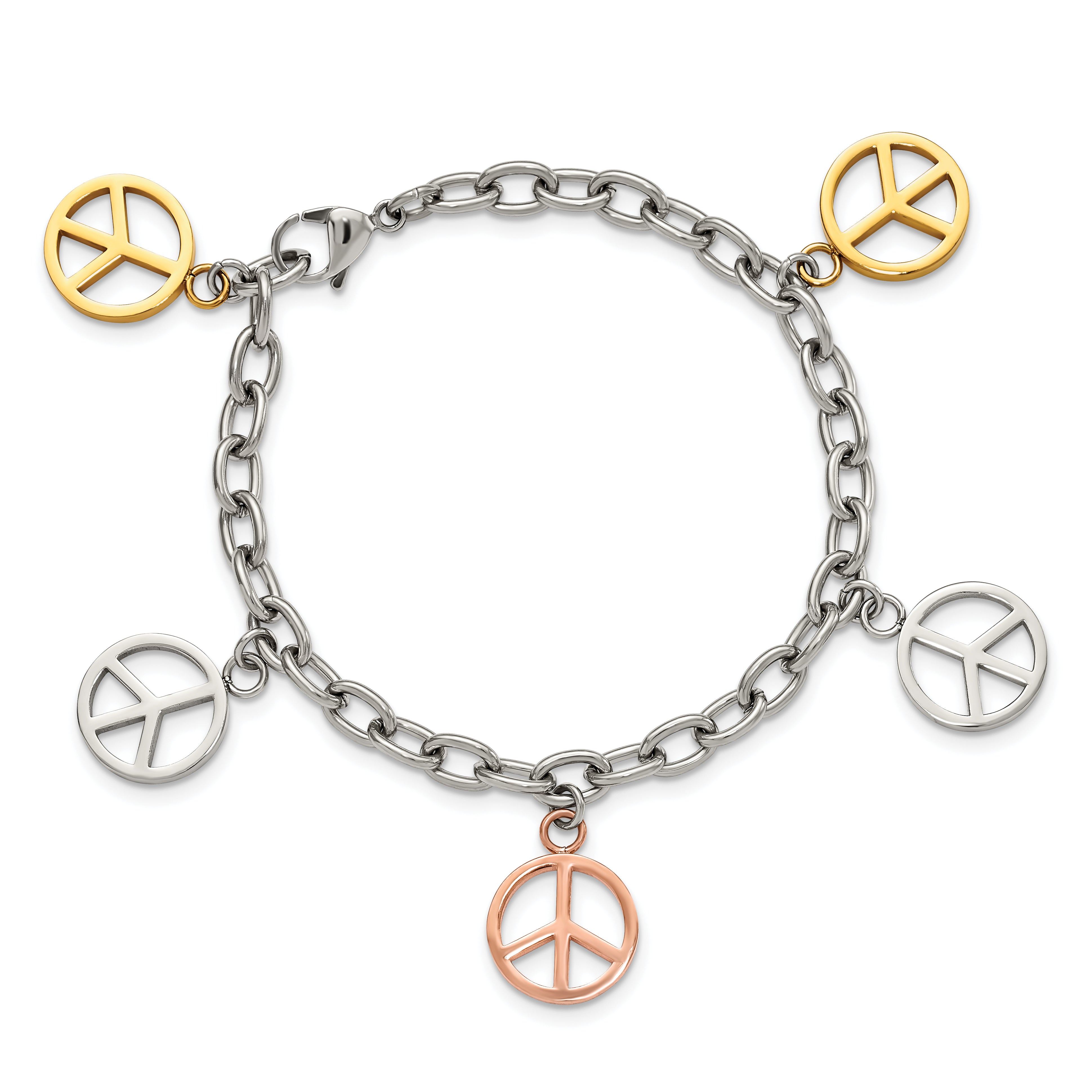 Chisel Stainless Steel Polished Rose and Yellow IP-plated Peace Sign Charms 8.5 inch Bracelet
