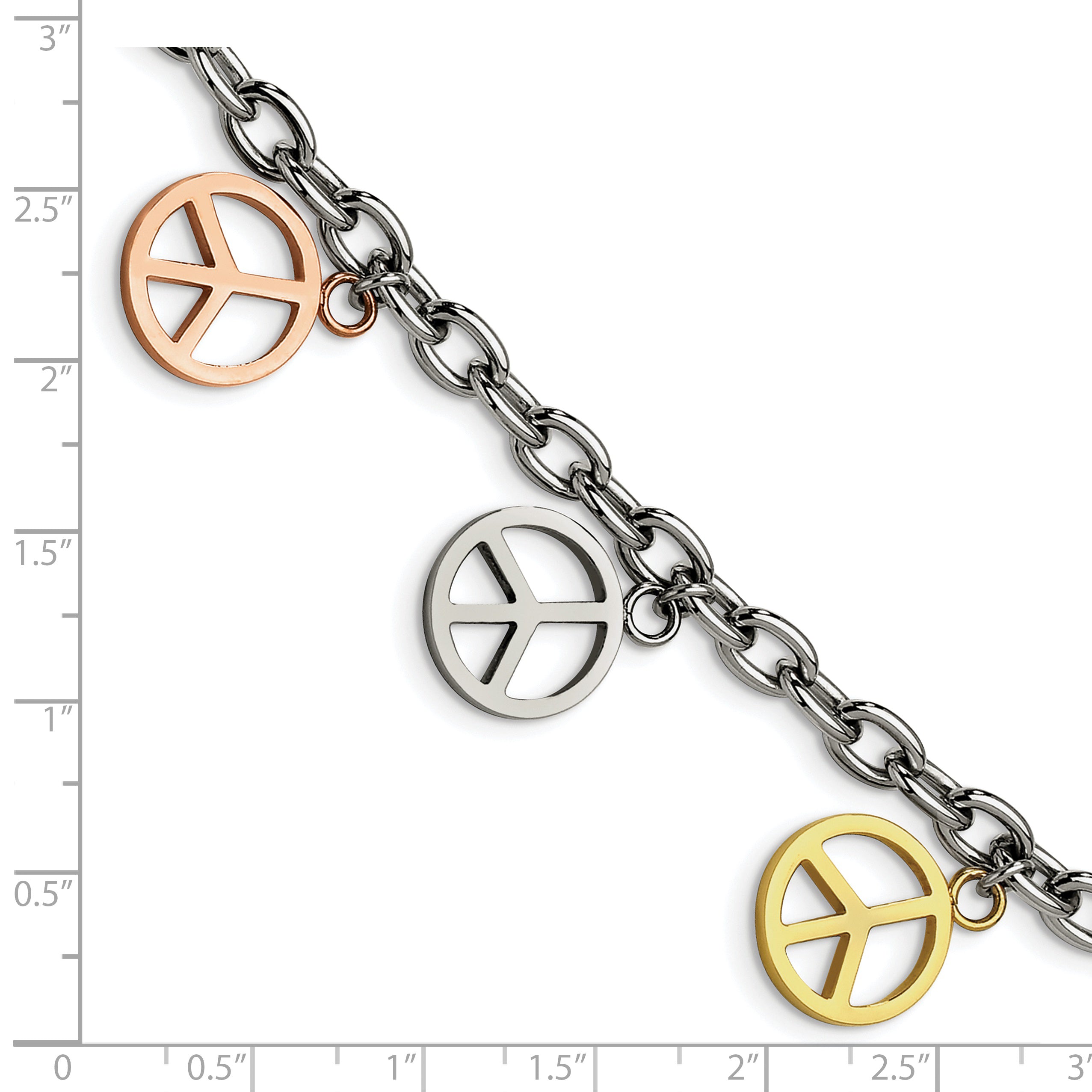 Chisel Stainless Steel Polished Rose and Yellow IP-plated Peace Sign Charms 8.5 inch Bracelet