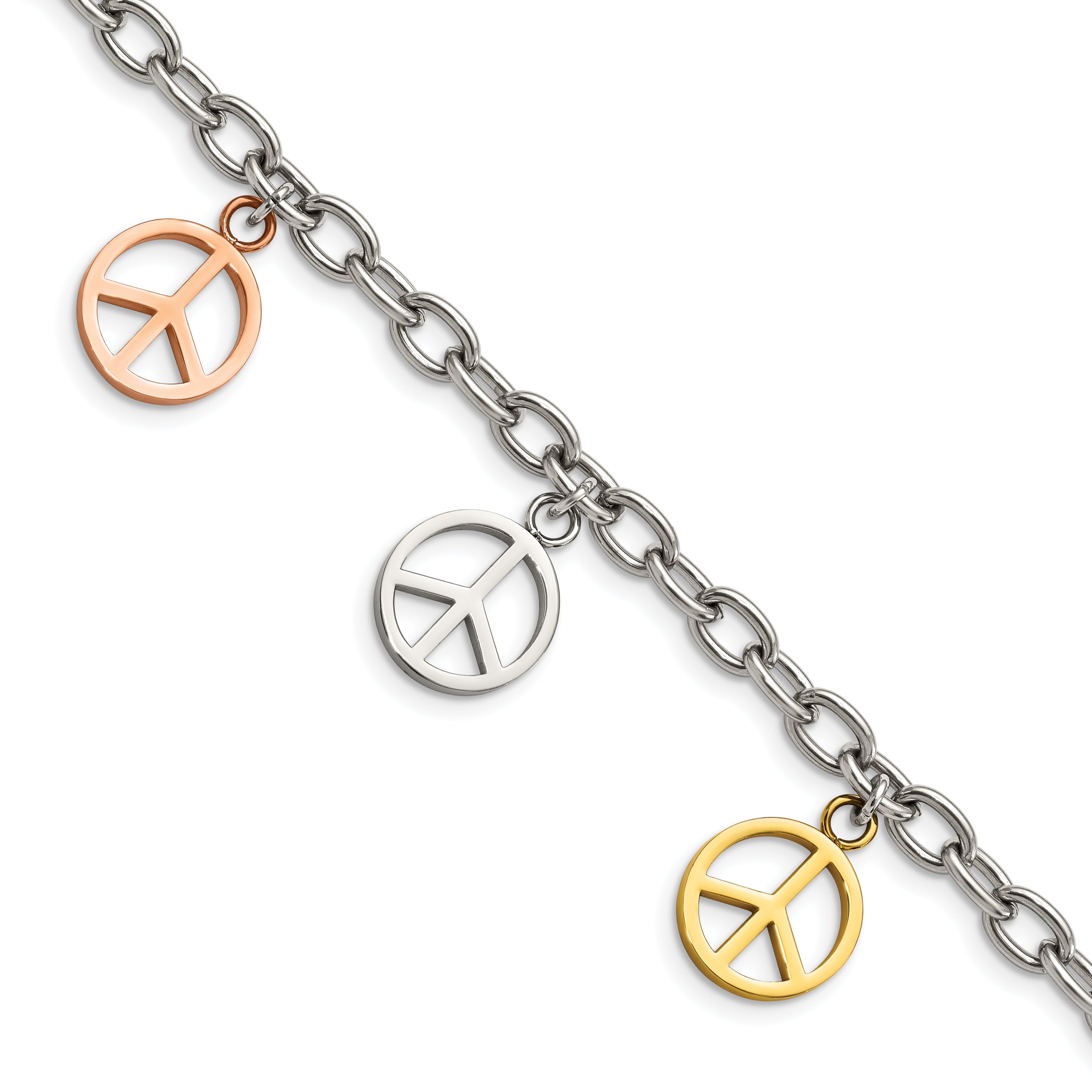 Chisel Stainless Steel Polished Rose and Yellow IP-plated Peace Sign Charms 8.5 inch Bracelet