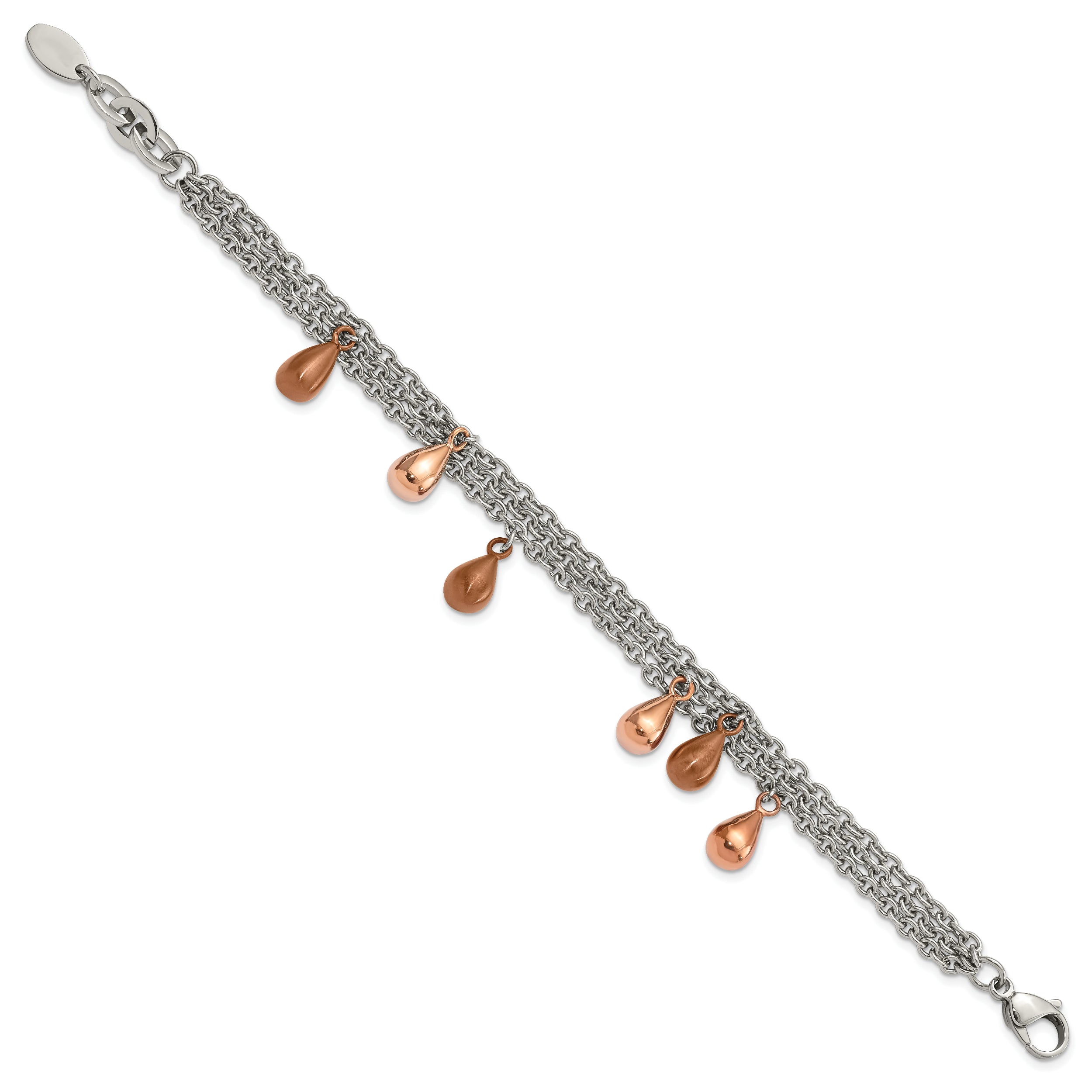 Stainless Steel Rose & Brown IP-plated Teardrops Multistrand Bracelet