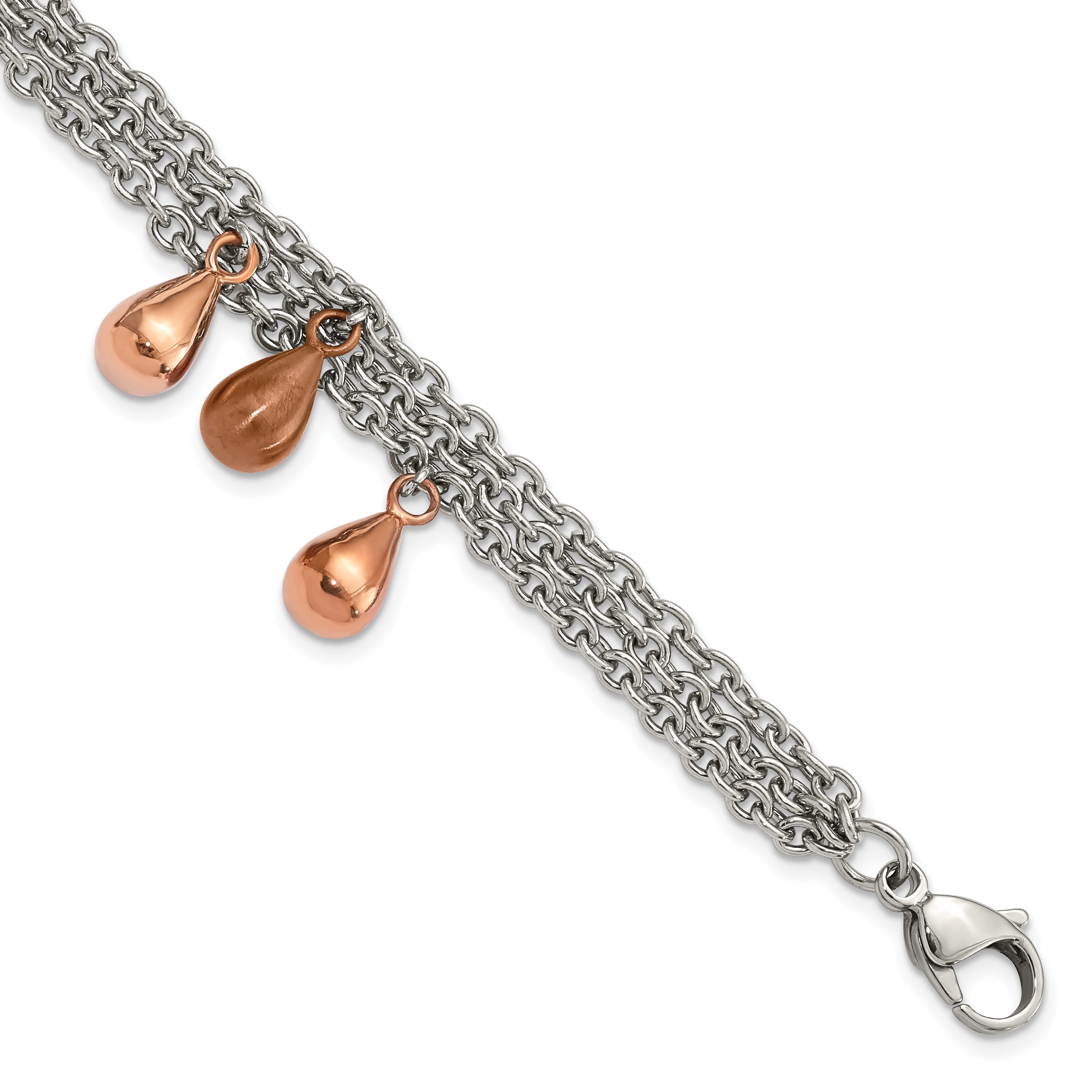 Stainless Steel Rose & Brown IP-plated Teardrops Multistrand Bracelet