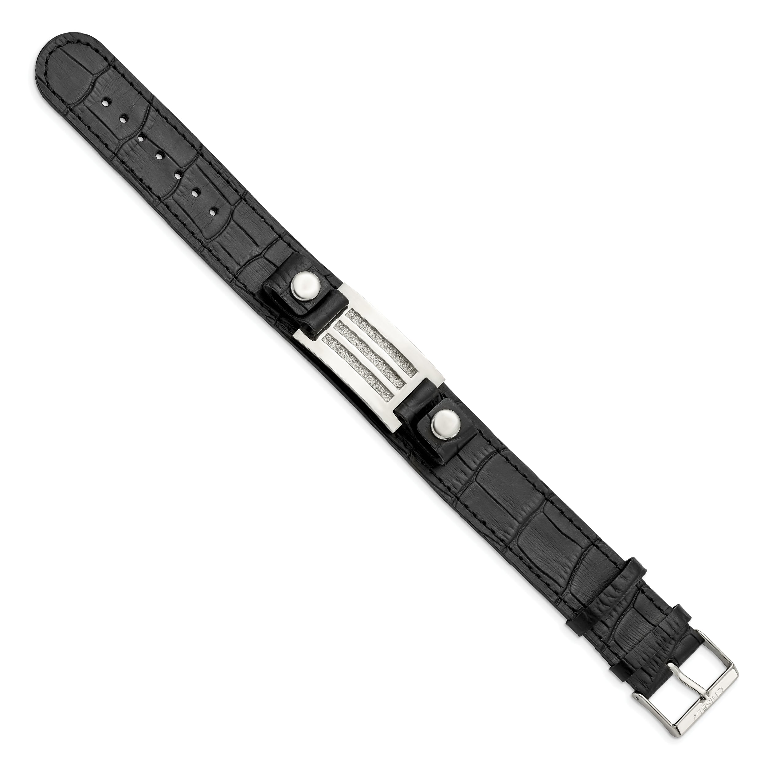 Stainless Steel Polished Black Leather w/Stone Finish 9.5in Bracelet
