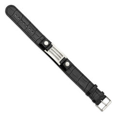 Stainless Steel Polished Black Leather w/Stone Finish 9.5in Bracelet