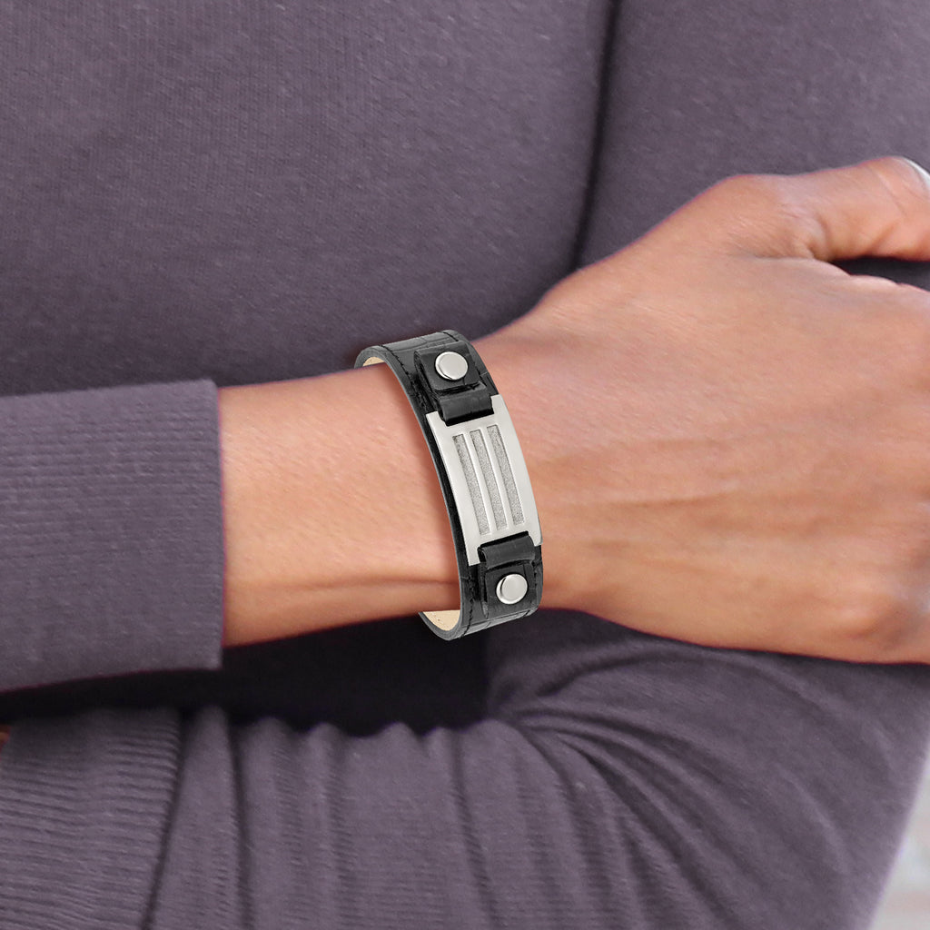 Stainless Steel Polished Black Leather w/Stone Finish 9.5in Bracelet