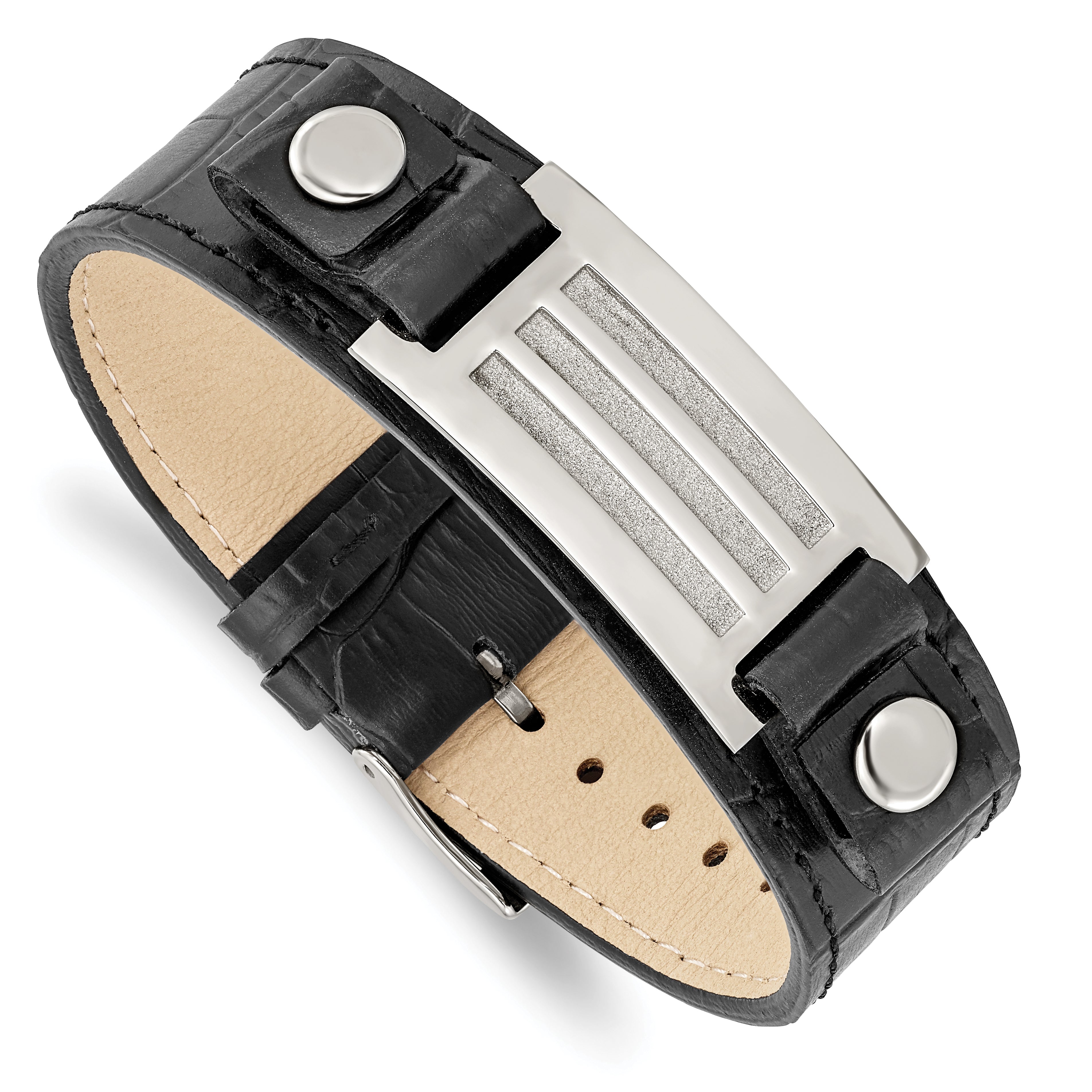 Stainless Steel Polished Black Leather w/Stone Finish 9.5in Bracelet Main image