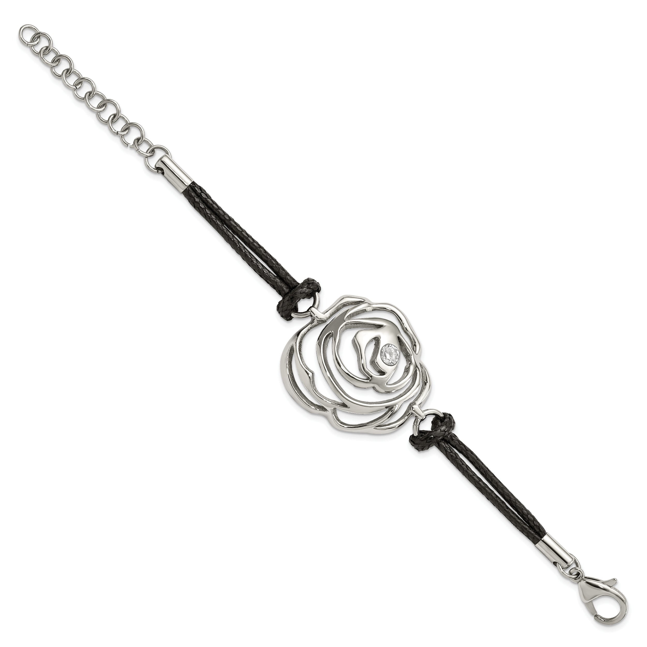 Stainless Steel CZ Flower w/ Cord w/1.5in ext Bracelet