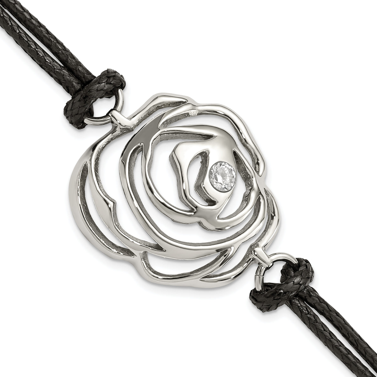 Stainless Steel CZ Flower w/ Cord w/1.5in ext Bracelet