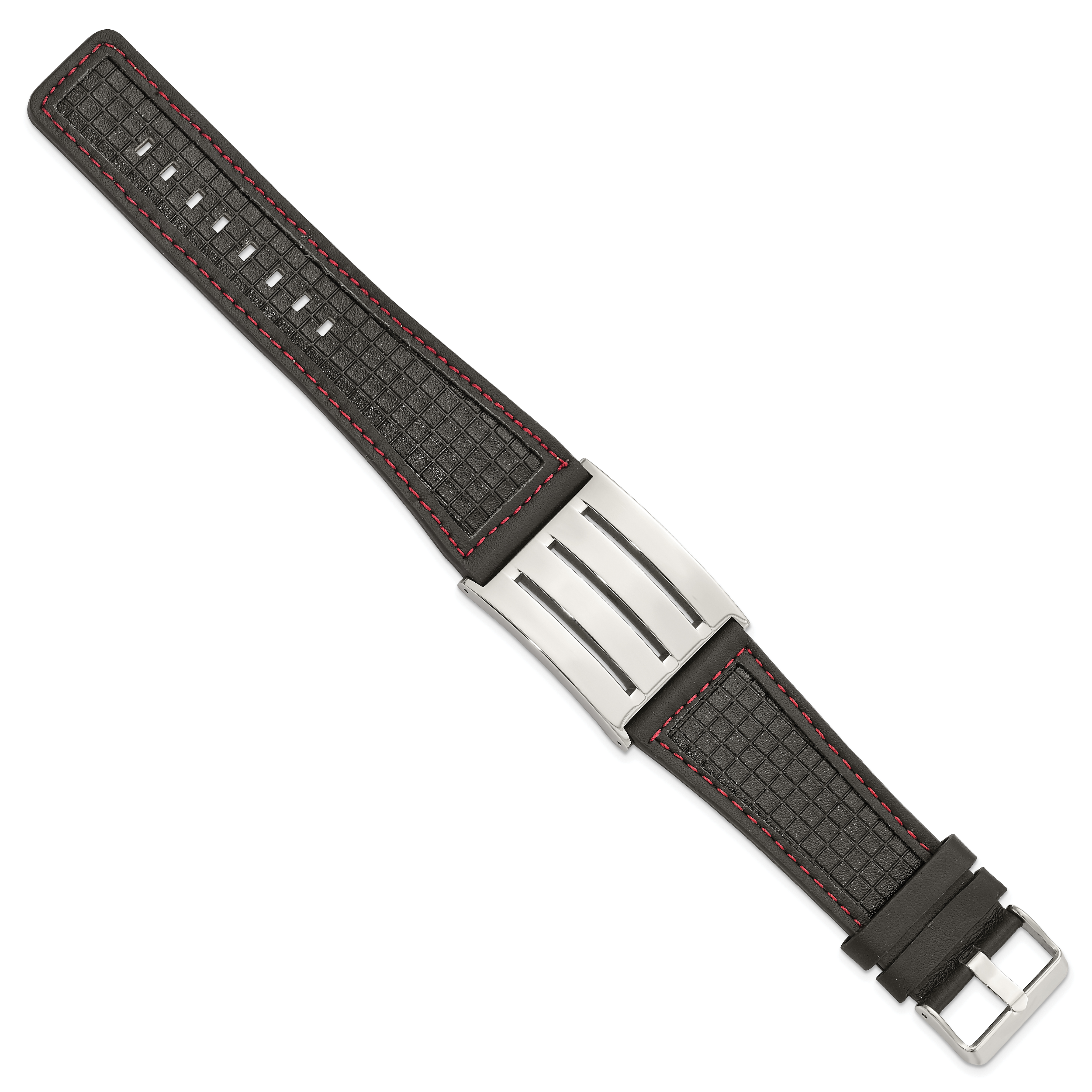 Stainless Steel Black Leather w/ Red Trim Polished Buckle Bracelet Secondary image